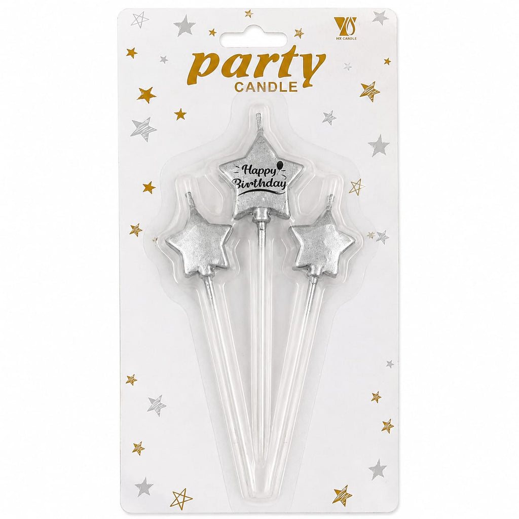 Silver Star Happy Birthday Cake Candles – 3 Pc Set | Birthday Cake Decoration