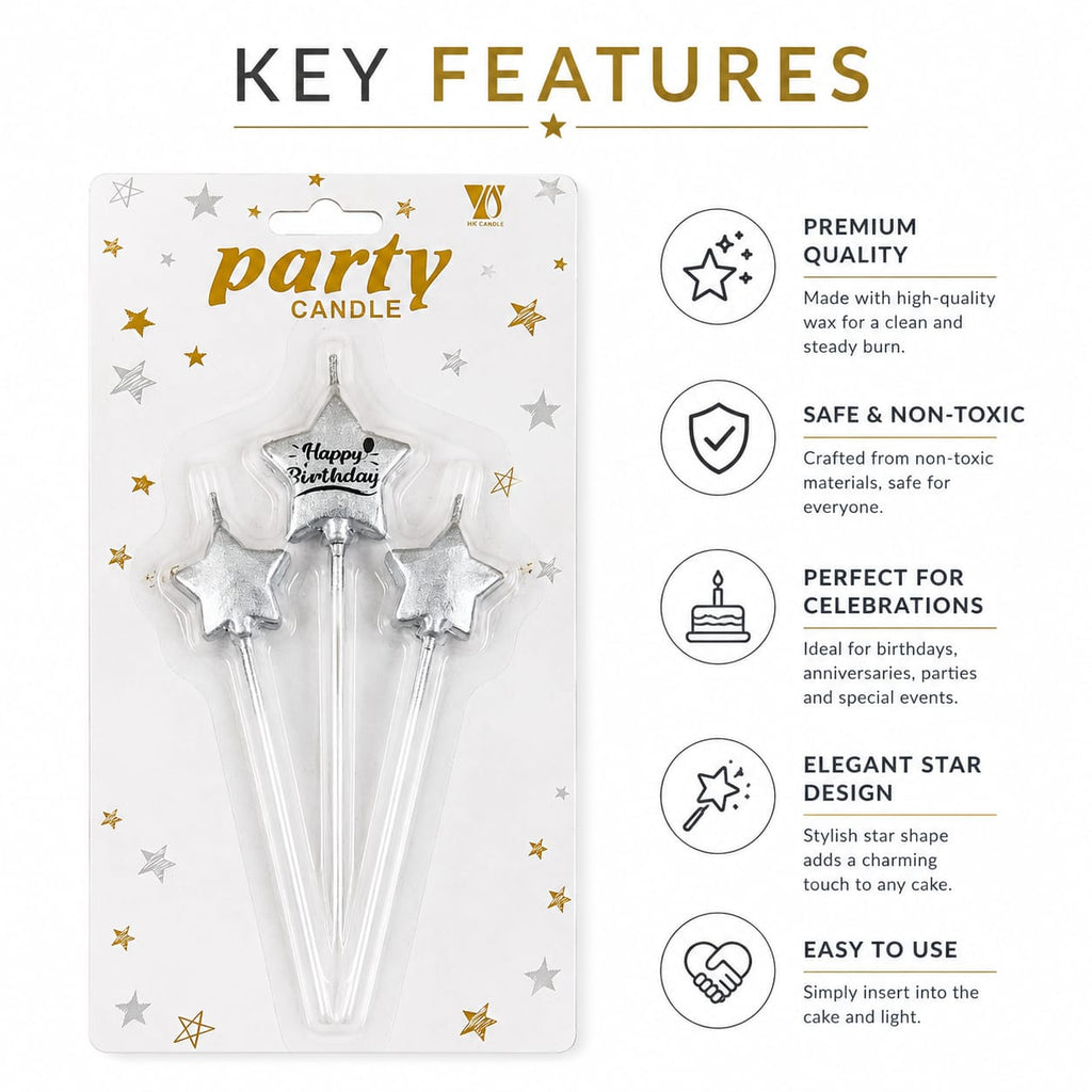 Silver Star Happy Birthday Cake Candles – 3 Pc Set | Birthday Cake Decoration