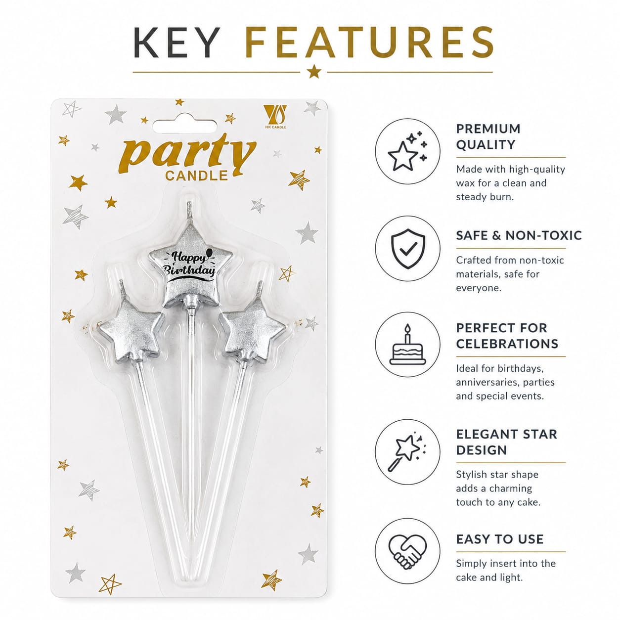 Silver Star Happy Birthday Cake Candles – 3 Pc Set | Birthday Cake Decoration