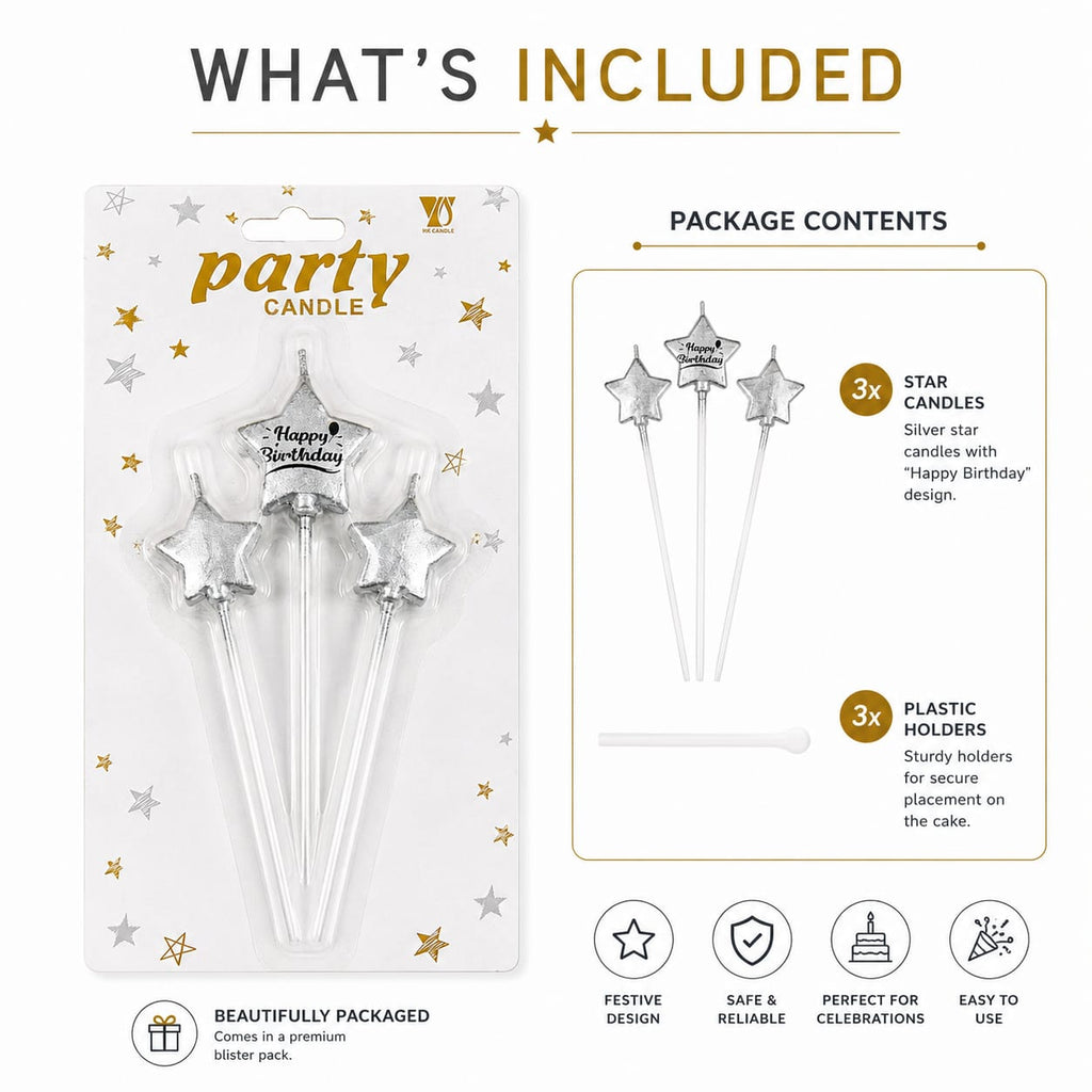 Silver Star Happy Birthday Cake Candles – 3 Pc Set | Birthday Cake Decoration