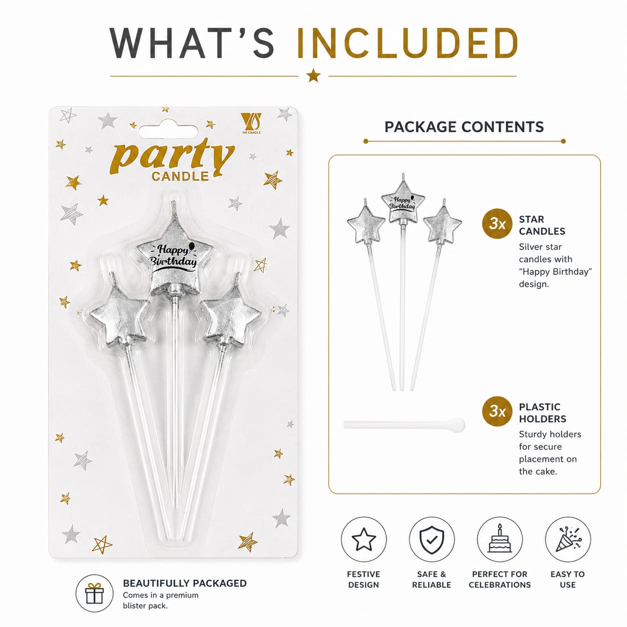 Silver Star Happy Birthday Cake Candles – 3 Pc Set | Birthday Cake Decoration