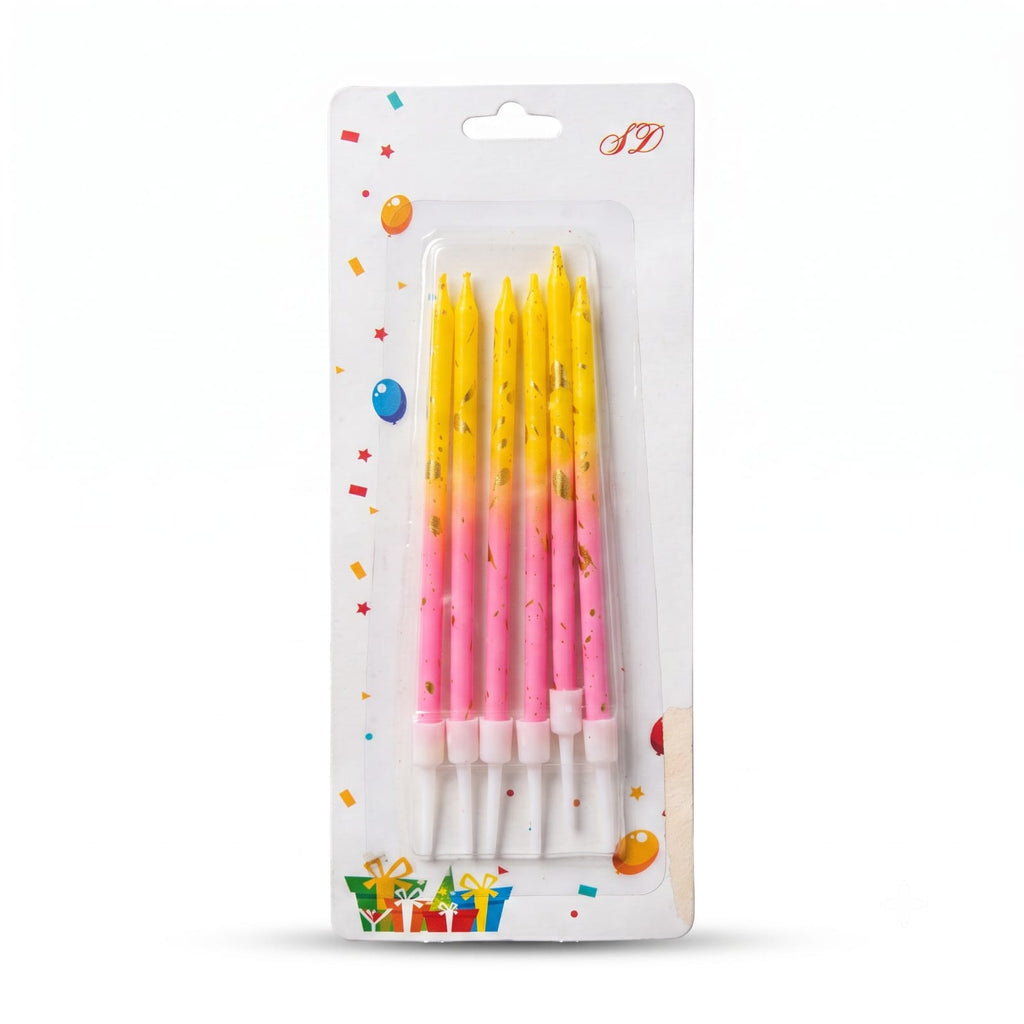 Pink & Yellow Birthday Candles Set of 6 | Gold Confetti Cake Candles with Holders | Party Cake Decoration