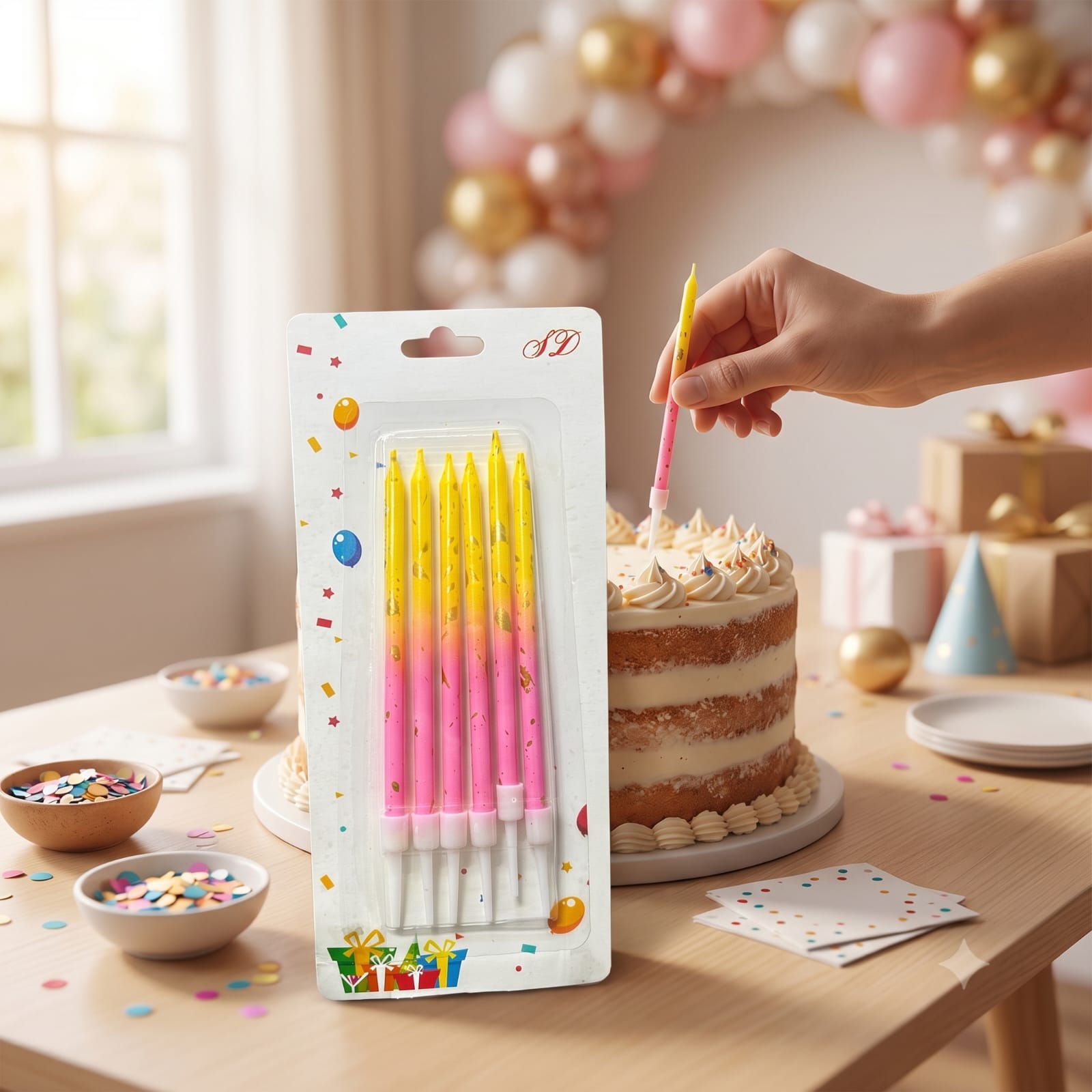 Pink & Yellow Birthday Candles Set of 6 | Gold Confetti Cake Candles with Holders | Party Cake Decoration