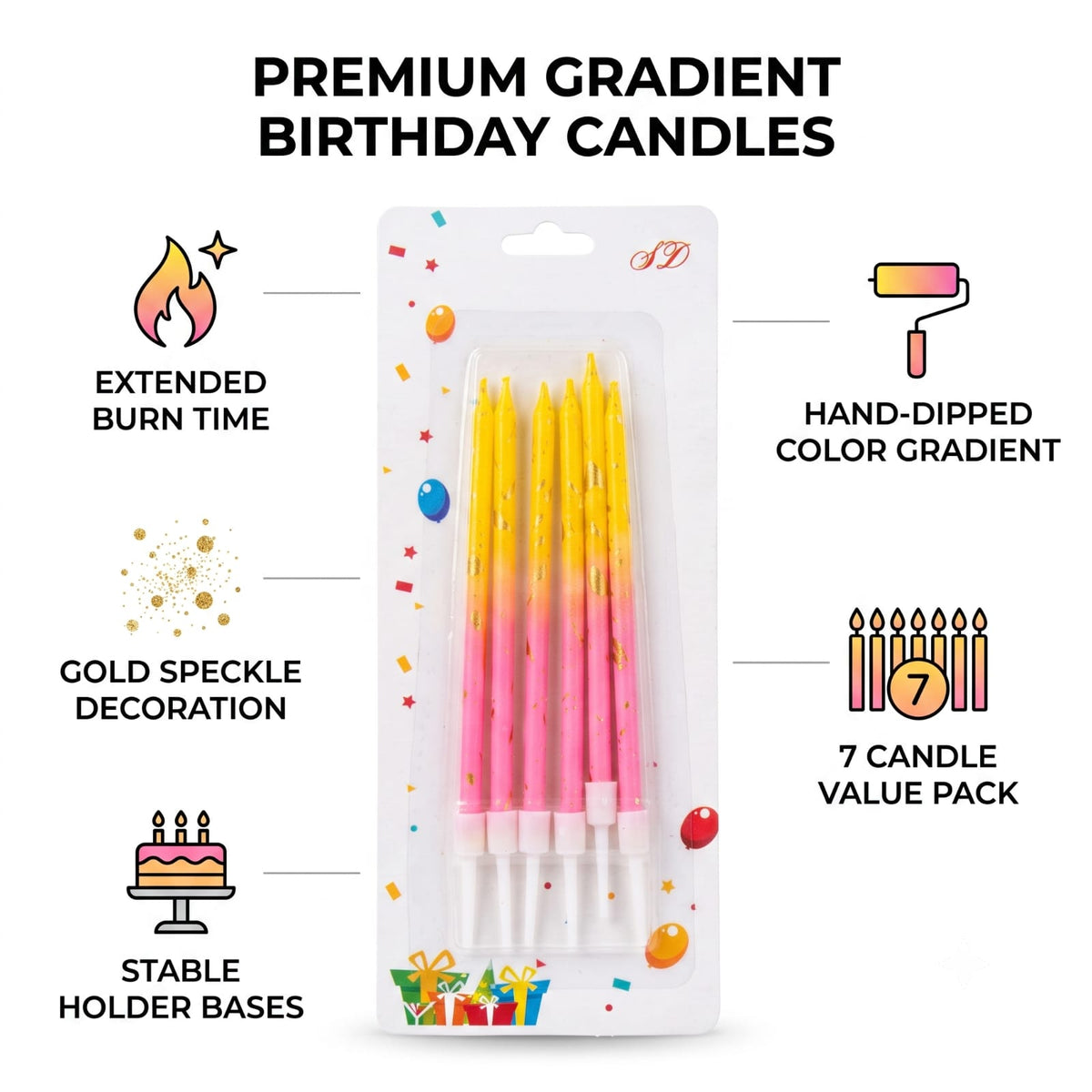 Pink & Yellow Birthday Candles Set of 6 | Gold Confetti Cake Candles with Holders | Party Cake Decoration
