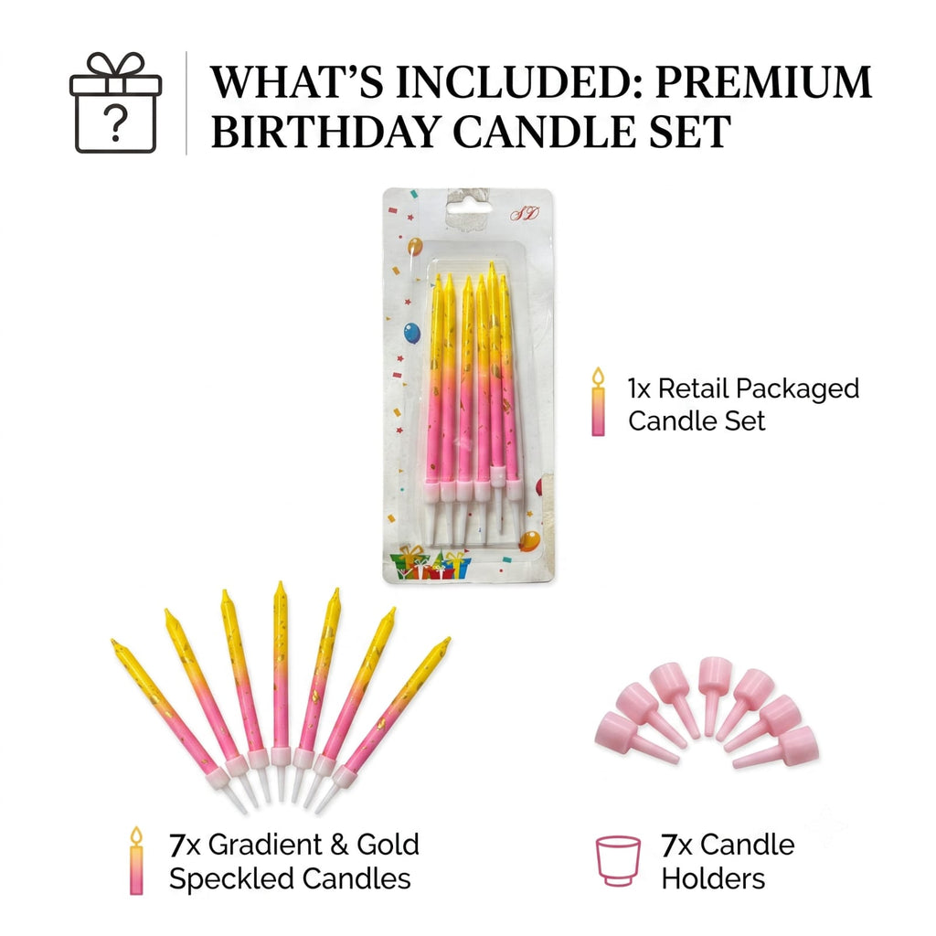 Pink & Yellow Birthday Candles Set of 6 | Gold Confetti Cake Candles with Holders | Party Cake Decoration