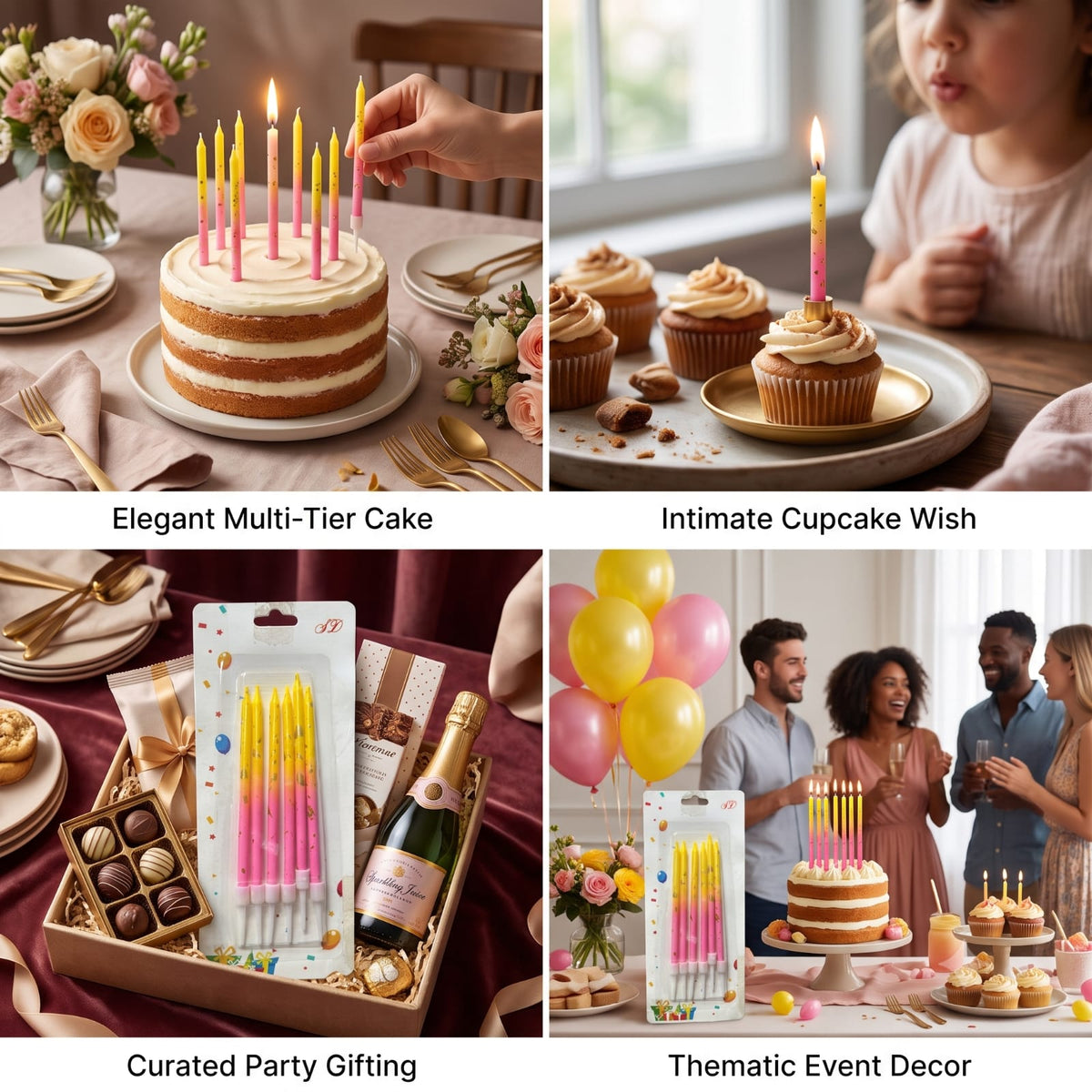 Pink & Yellow Birthday Candles Set of 6 | Gold Confetti Cake Candles with Holders | Party Cake Decoration