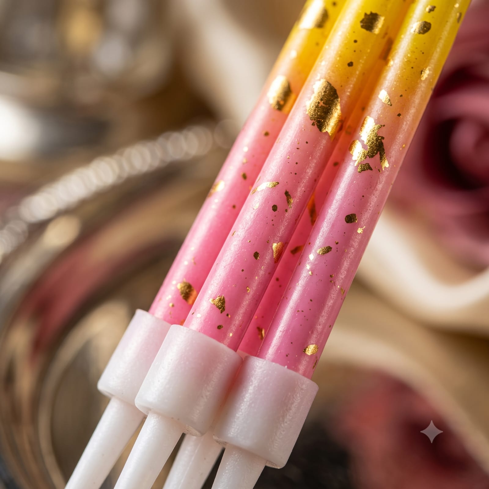Pink & Yellow Birthday Candles Set of 6 | Gold Confetti Cake Candles with Holders | Party Cake Decoration