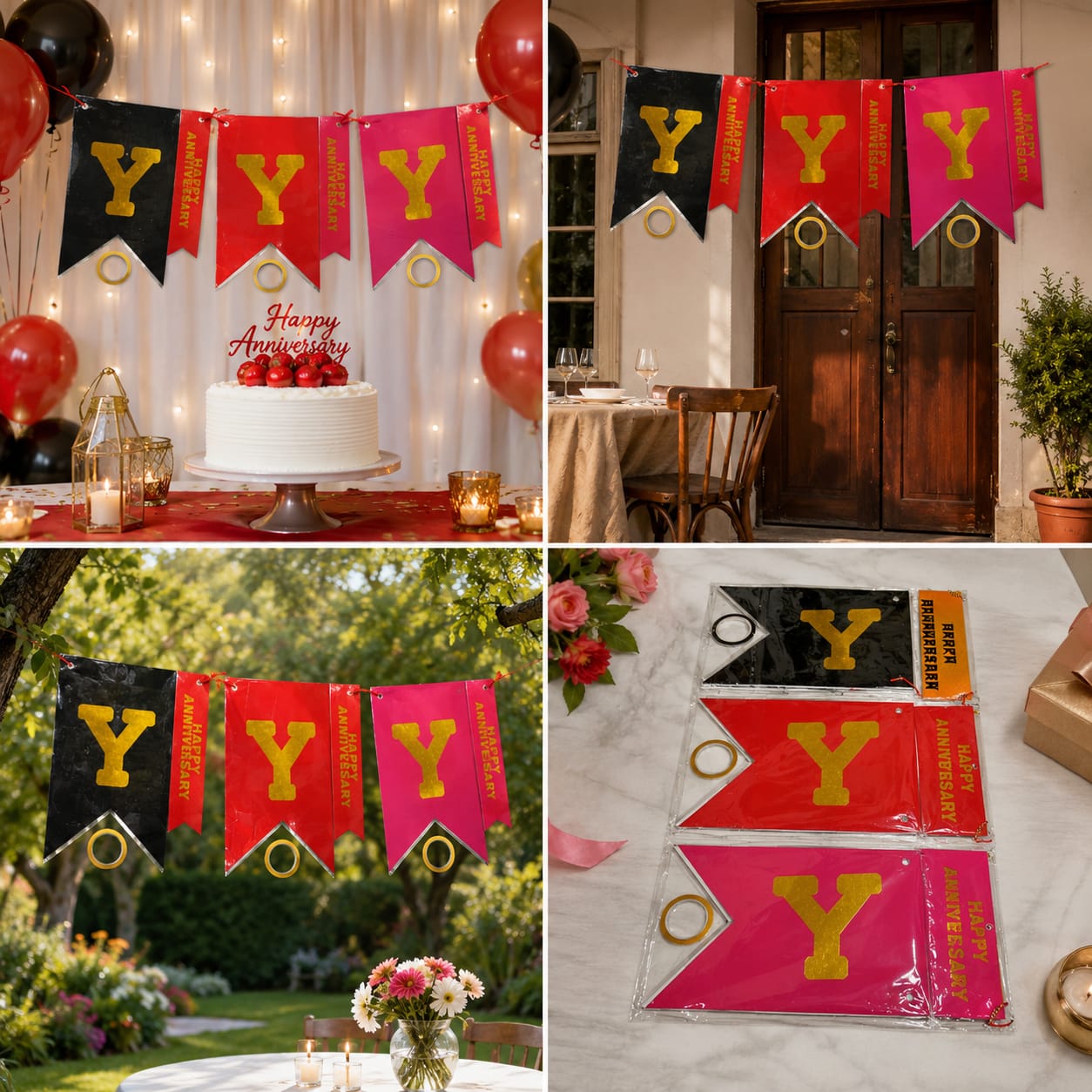Happy Anniversary Banner Decoration Set | Black, Red & Pink Hanging Bunting | Anniversary Party Decor