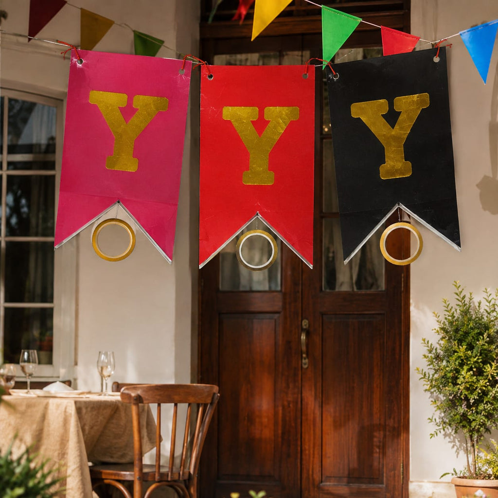 Happy Anniversary Banner Decoration Set | Black, Red & Pink Hanging Bunting | Anniversary Party Decor