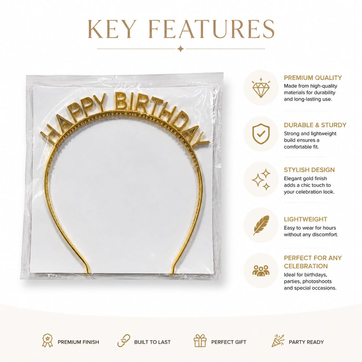 Happy Birthday Gold Tiara Headband | Birthday Crown for Women & Girls | Birthday Party Accessories