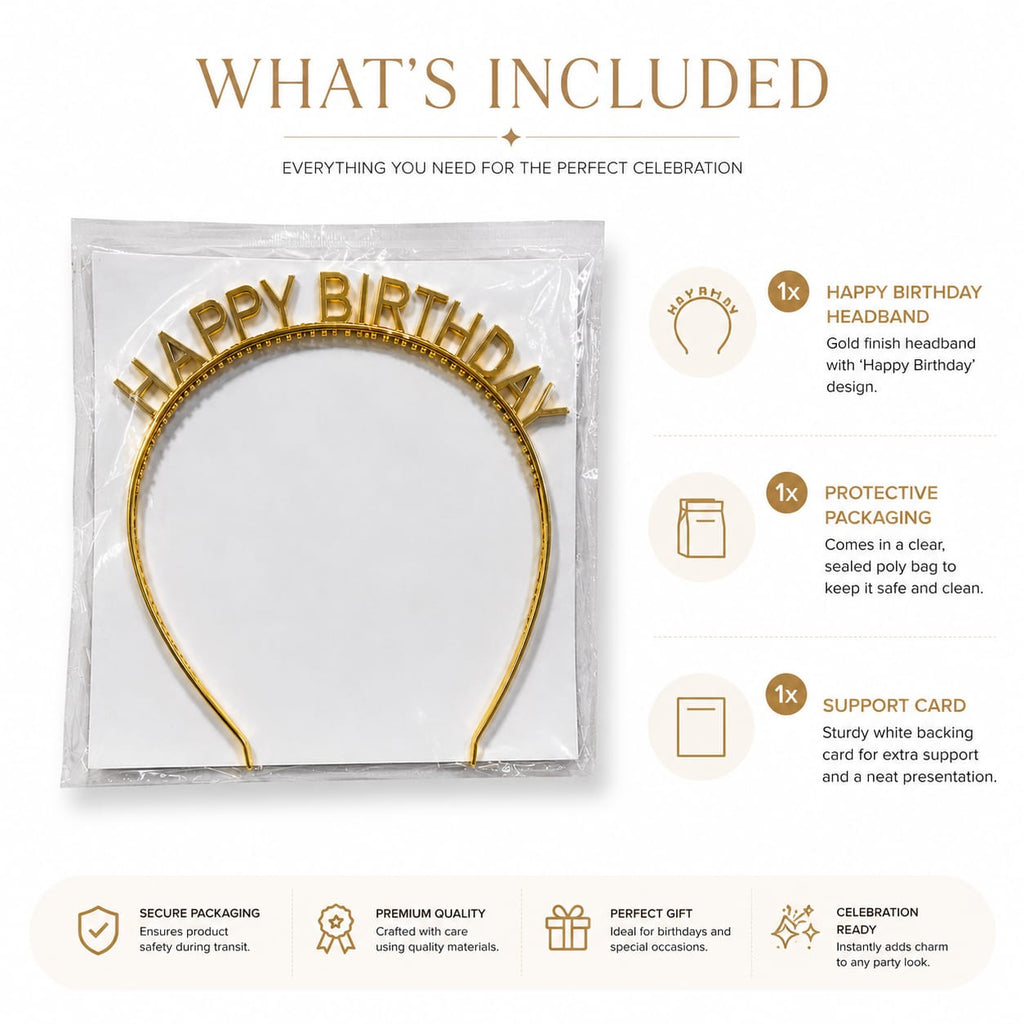 Happy Birthday Gold Tiara Headband | Birthday Crown for Women & Girls | Birthday Party Accessories