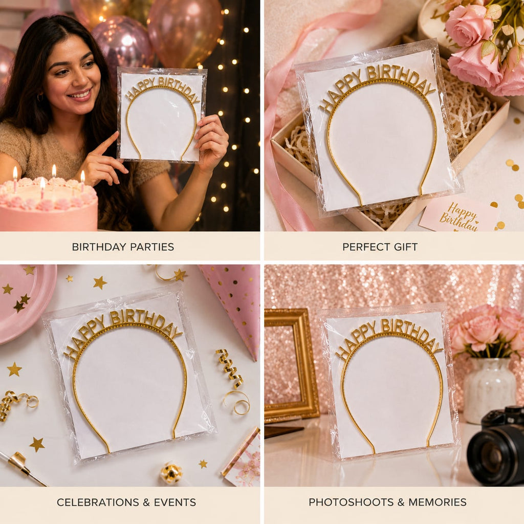 Happy Birthday Gold Tiara Headband | Birthday Crown for Women & Girls | Birthday Party Accessories