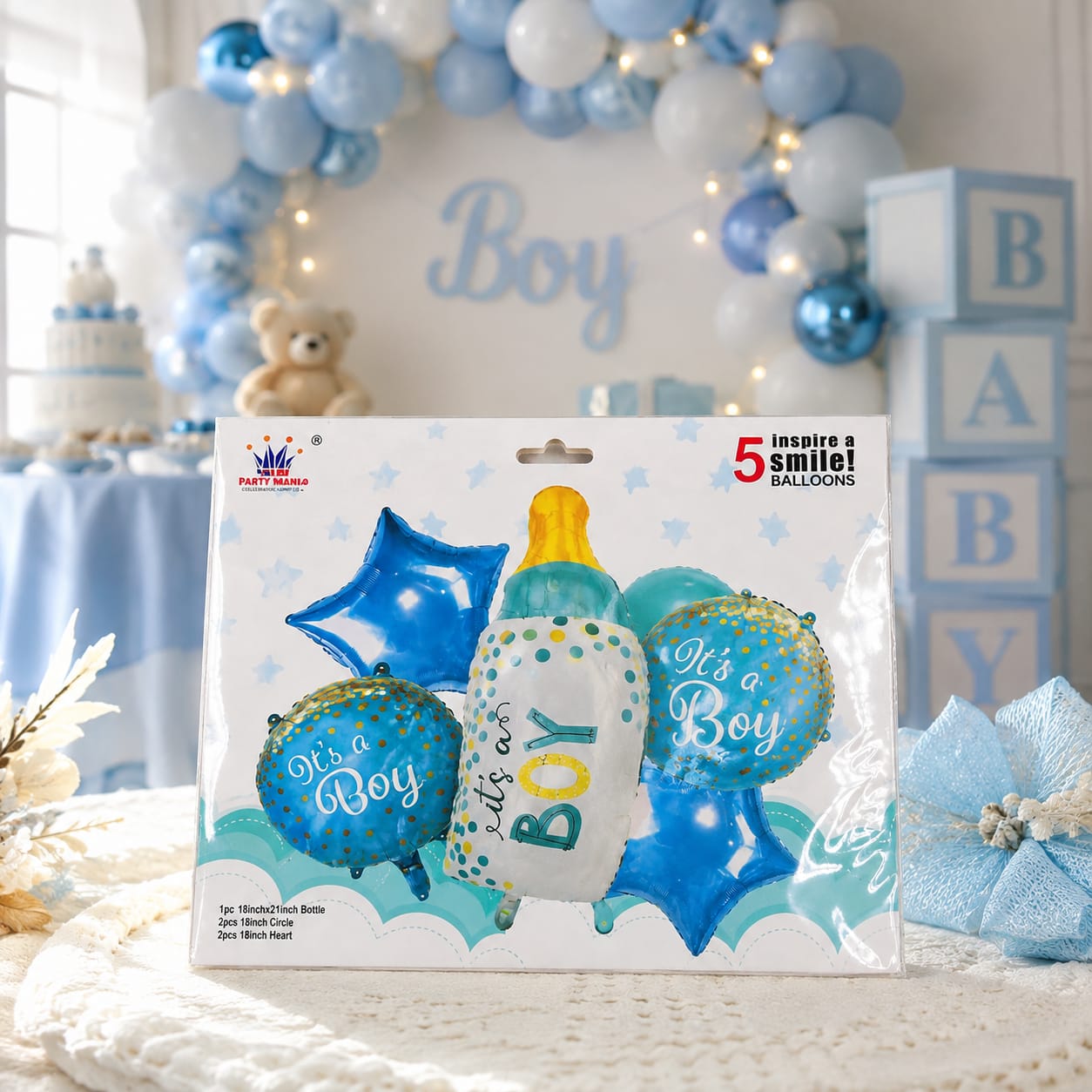 It's a Boy Balloon Set | 5 Pcs Blue Baby Shower Foil Balloons | Boy Theme Decoration | Gender Reveal & Baby Shower Party Supplies