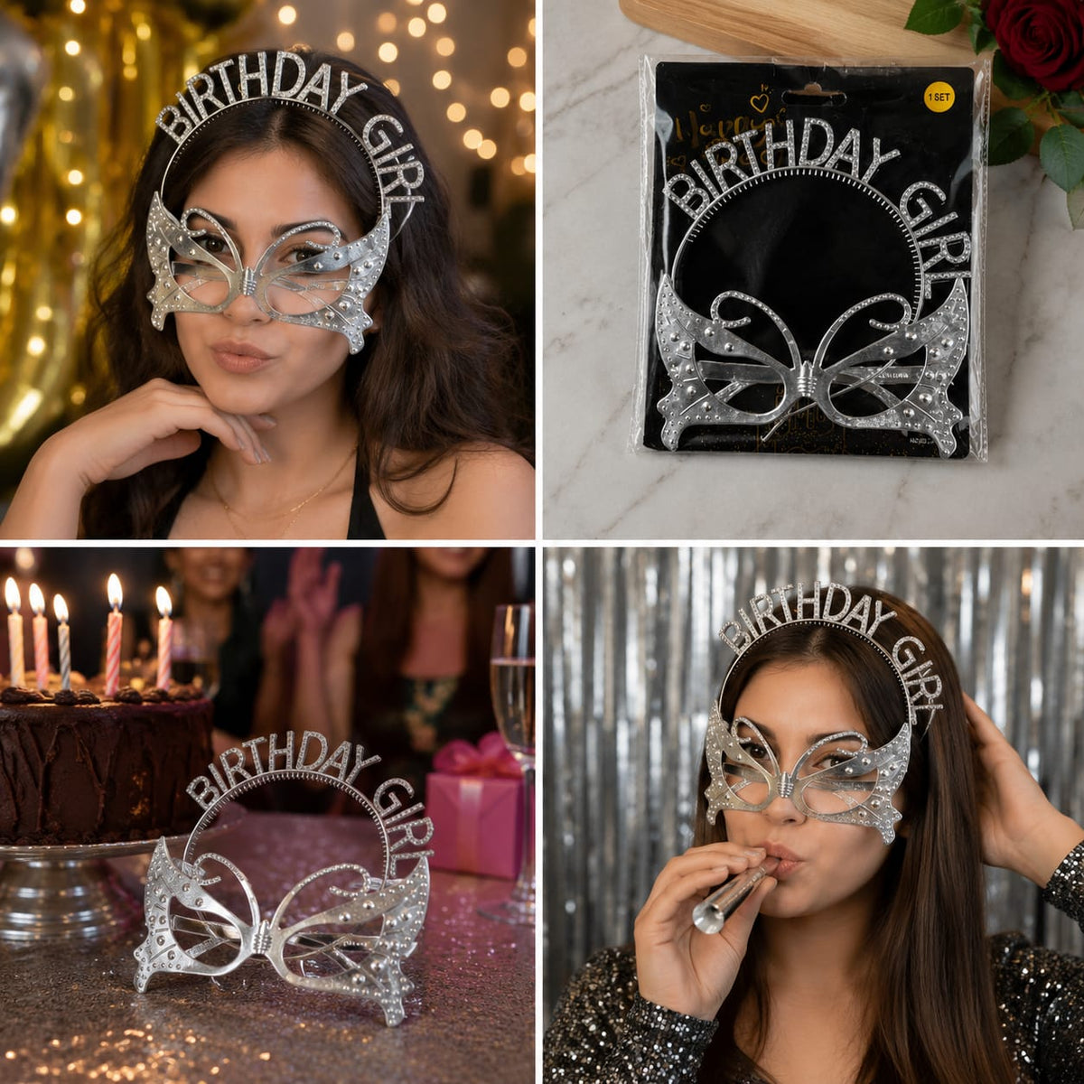 Birthday Girl Tiara & Butterfly Mask Set | Rhinestone Birthday Crown & Party Mask for Girls | 1 Set