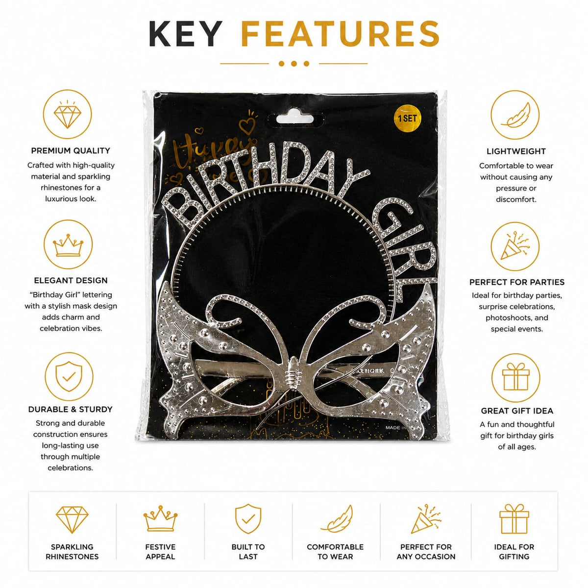 Birthday Girl Tiara & Butterfly Mask Set | Rhinestone Birthday Crown & Party Mask for Girls | 1 Set
