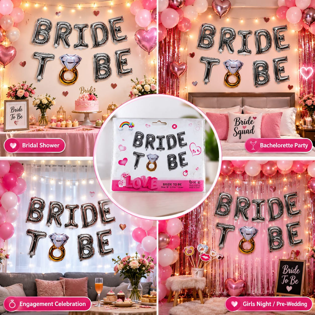Bride To Be Foil Balloon Set | 9 Pcs Silver Letter Balloons with Ring Design & Straw | Bridal Shower & Bachelorette Party Decoration