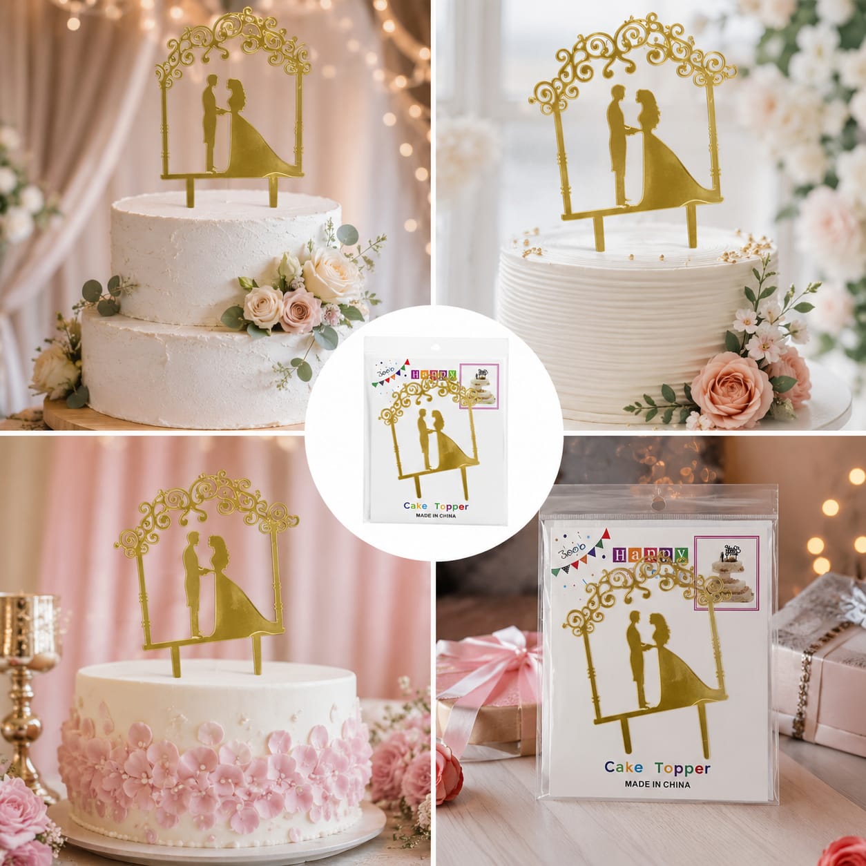 Golden Wedding Couple Cake Topper | Bride & Groom Cake Decoration for Wedding, Anniversary & Engagement