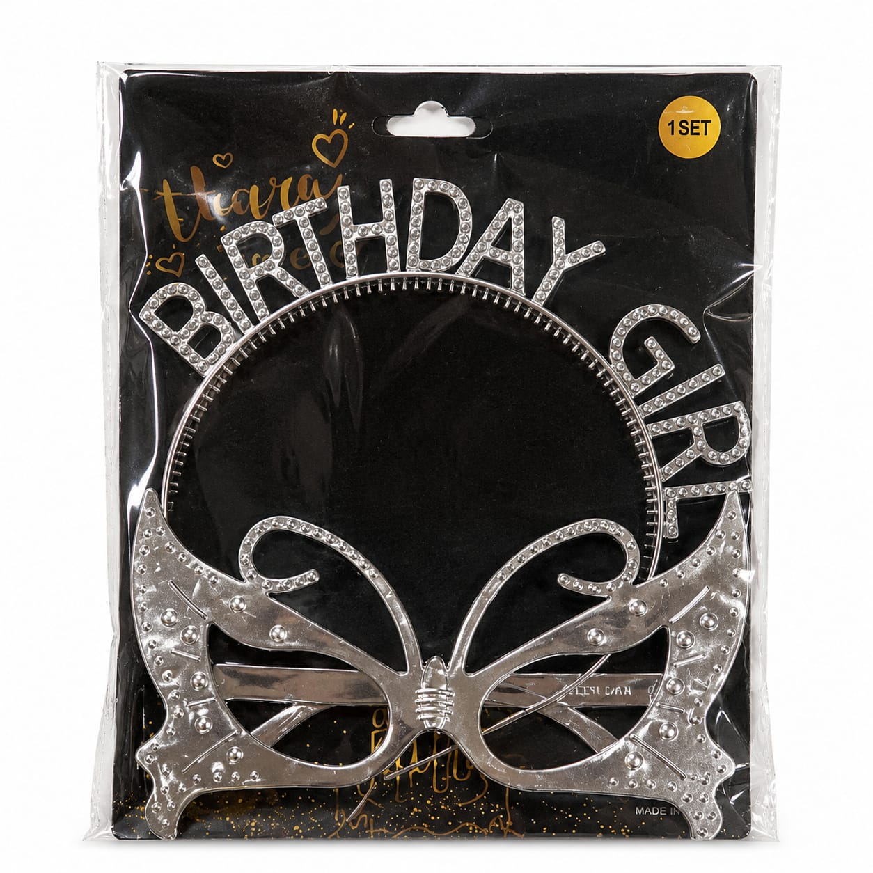 Birthday Girl Tiara & Butterfly Mask Set | Rhinestone Birthday Crown & Party Mask for Girls | 1 Set