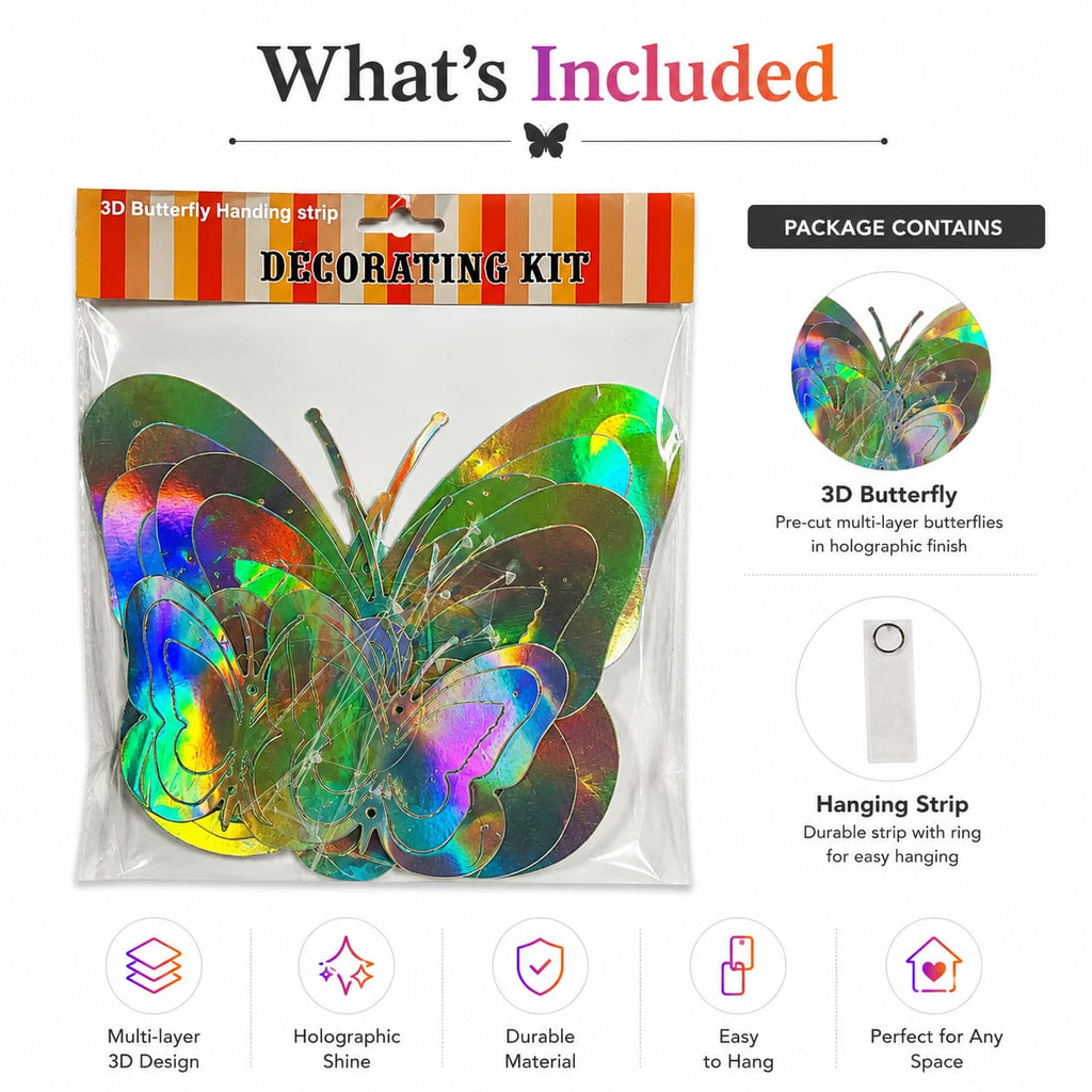 3D Butterfly Wall Decoration Kit | Holographic Butterfly Stickers for Room, Birthday & Party Decoration (12 Pieces)