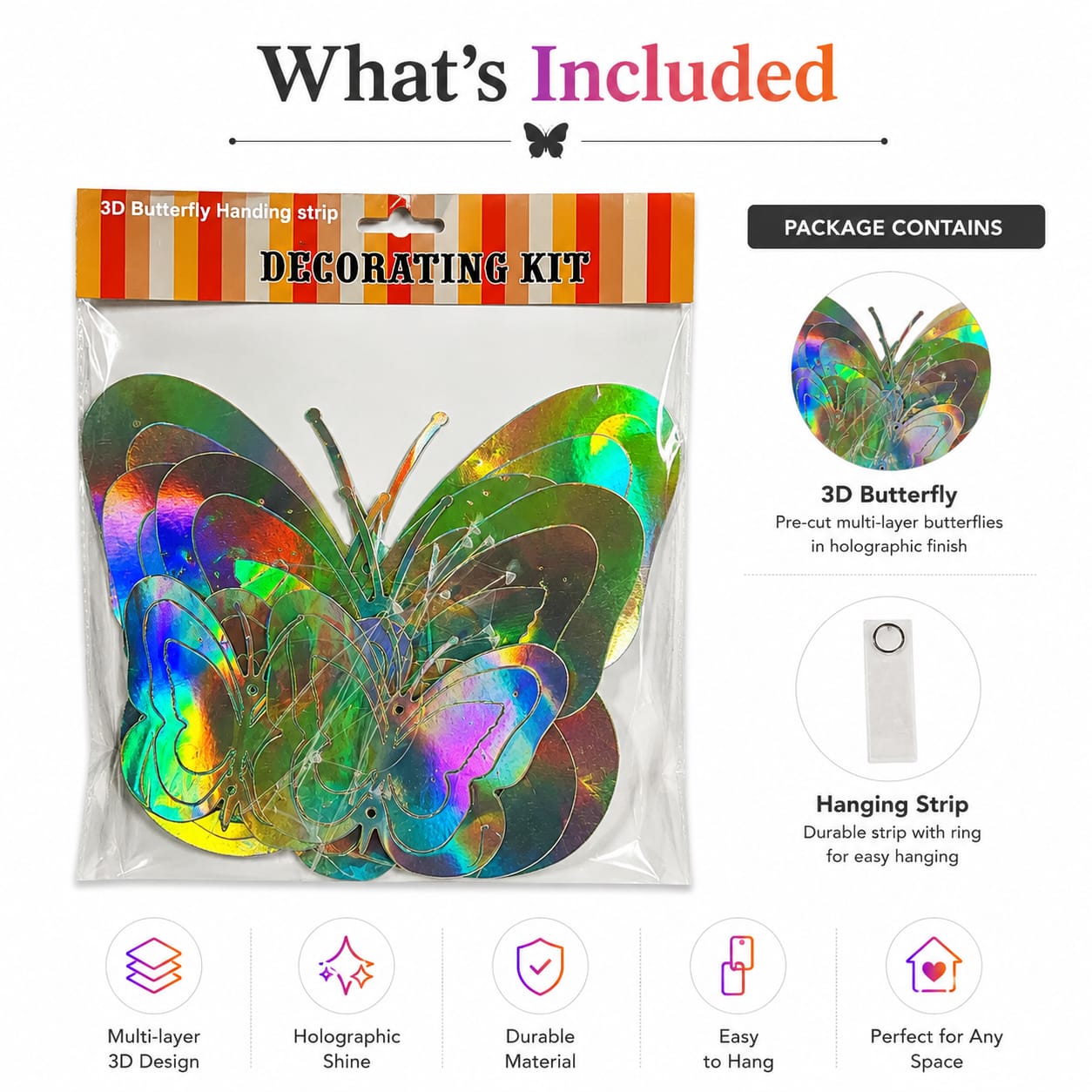 3D Butterfly Wall Decoration Kit | Holographic Butterfly Stickers for Room, Birthday & Party Decoration (12 Pieces)