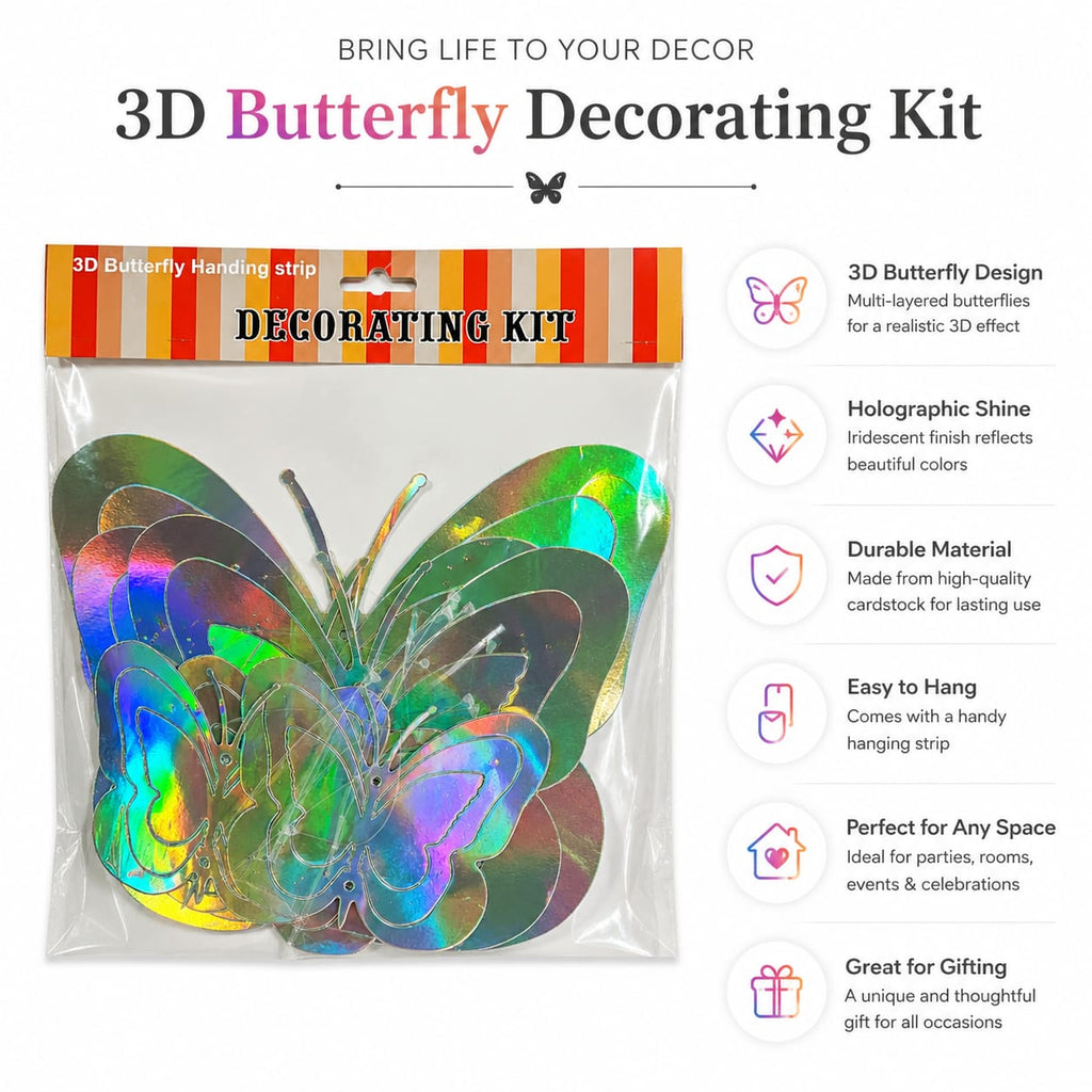 3D Butterfly Wall Decoration Kit | Holographic Butterfly Stickers for Room, Birthday & Party Decoration (12 Pieces)