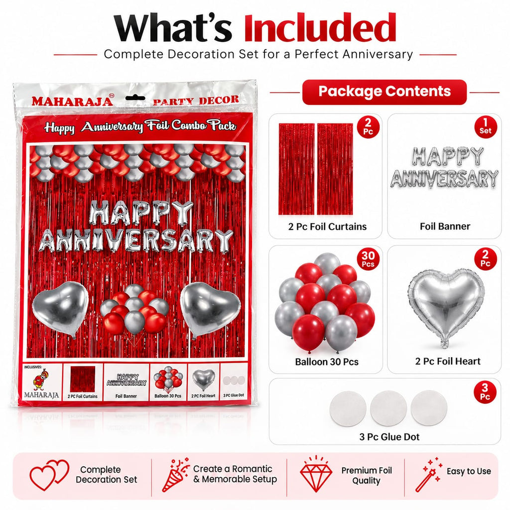 Happy Anniversary Foil Combo Decoration Kit with Red Foil Curtains, Silver Letter Balloons, Heart Foil Balloons & Latex Balloons | Party Decoration Set