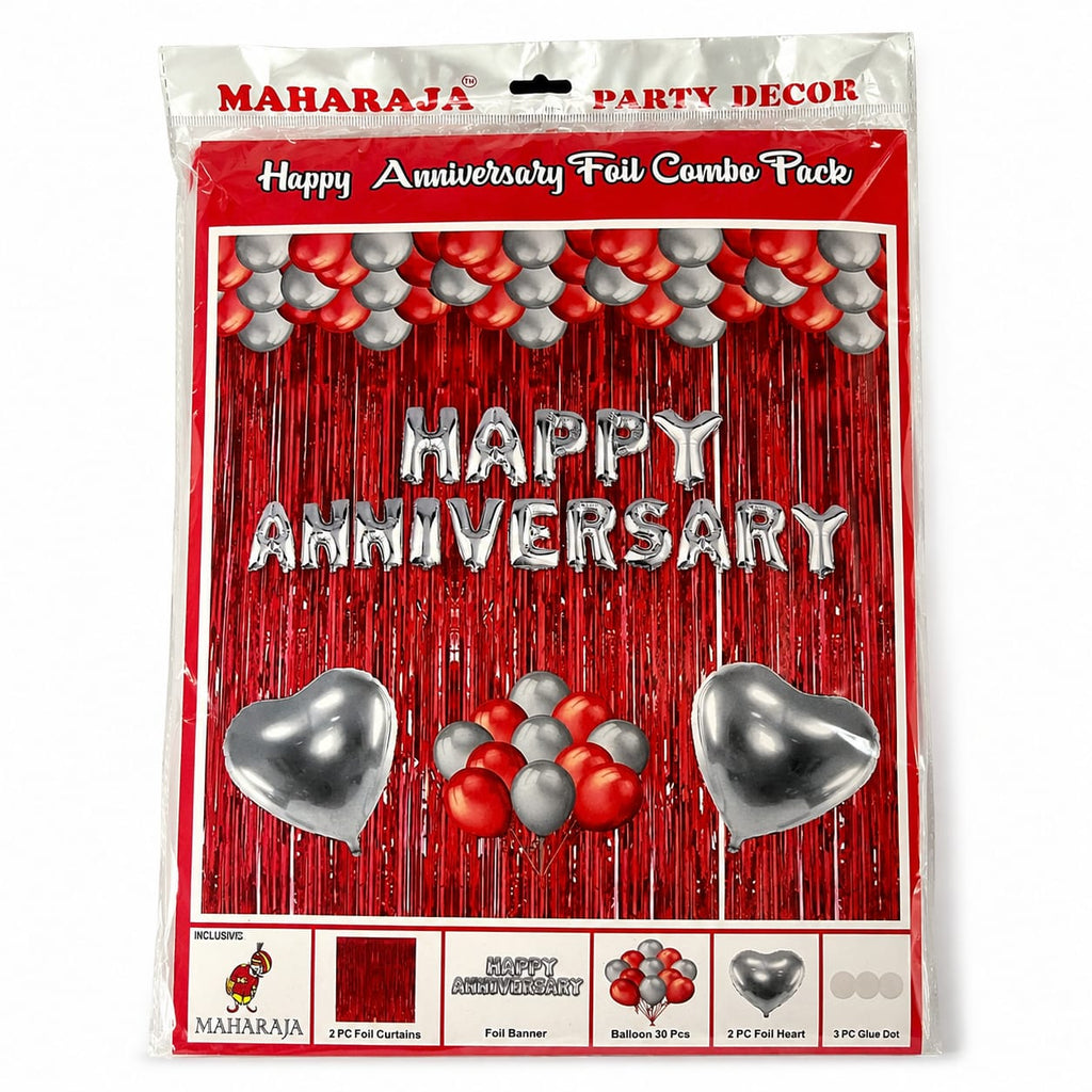 Happy Anniversary Foil Combo Decoration Kit with Red Foil Curtains, Silver Letter Balloons, Heart Foil Balloons & Latex Balloons | Party Decoration Set