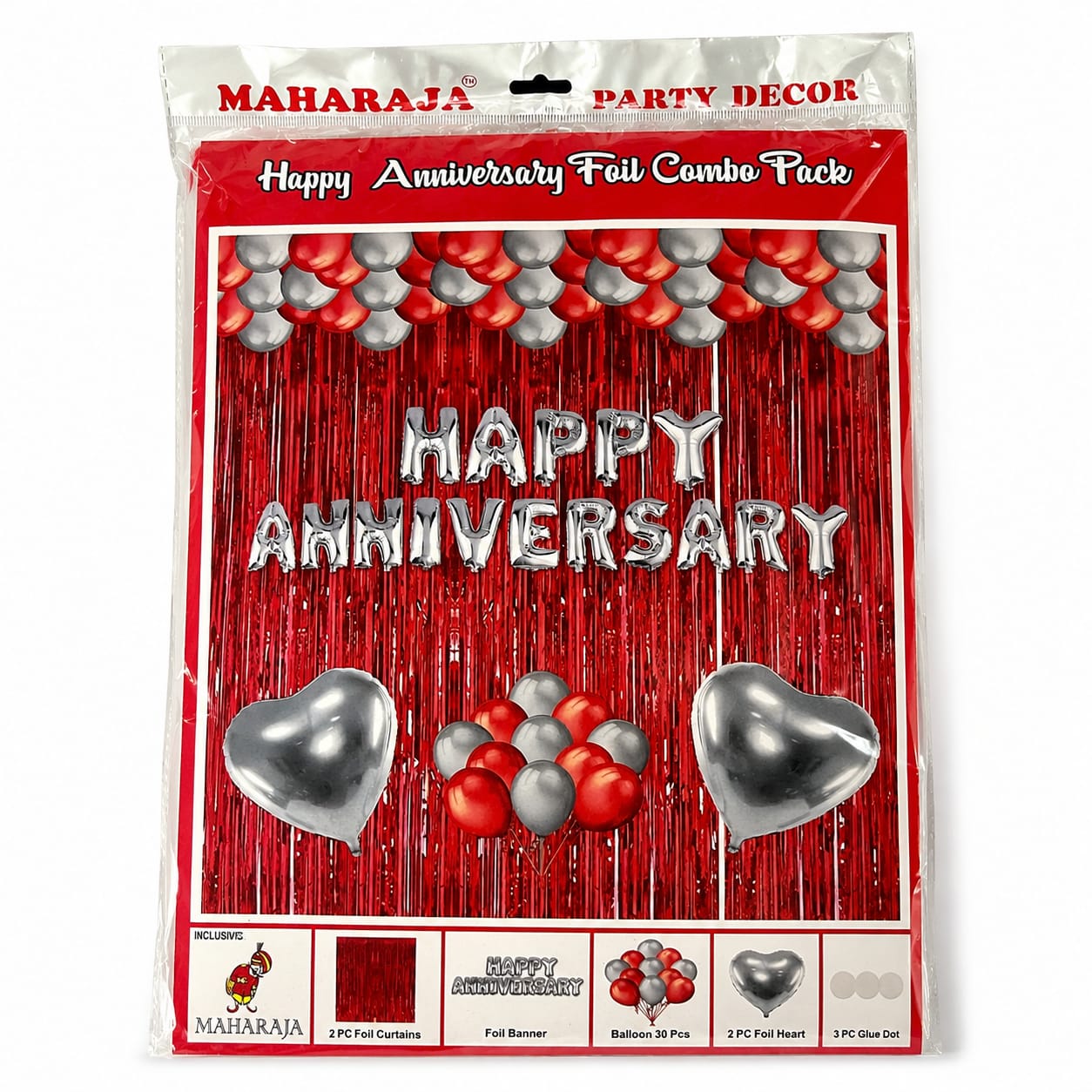 Happy Anniversary Foil Combo Decoration Kit with Red Foil Curtains, Silver Letter Balloons, Heart Foil Balloons & Latex Balloons | Party Decoration Set