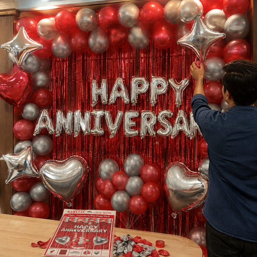 Happy Anniversary Foil Combo Decoration Kit with Red Foil Curtains, Silver Letter Balloons, Heart Foil Balloons & Latex Balloons | Party Decoration Set