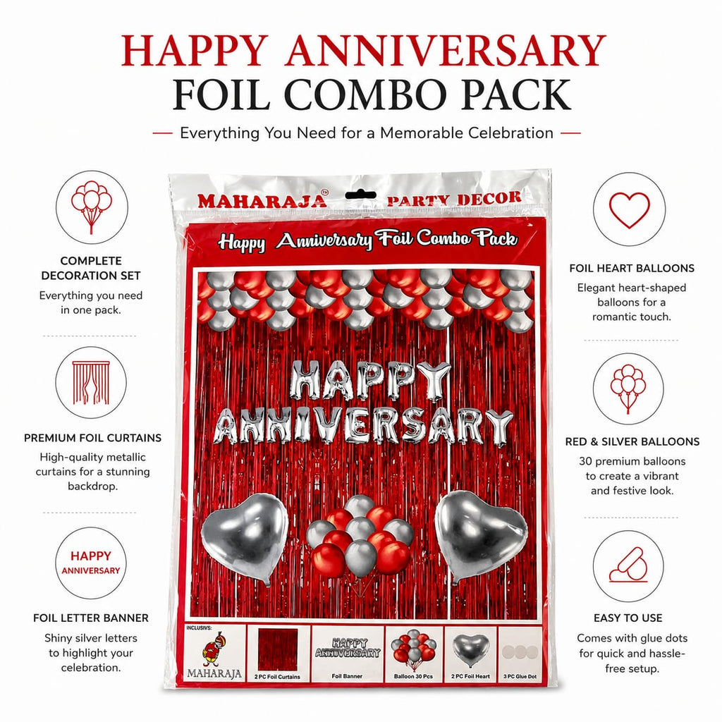 Happy Anniversary Foil Combo Decoration Kit with Red Foil Curtains, Silver Letter Balloons, Heart Foil Balloons & Latex Balloons | Party Decoration Set