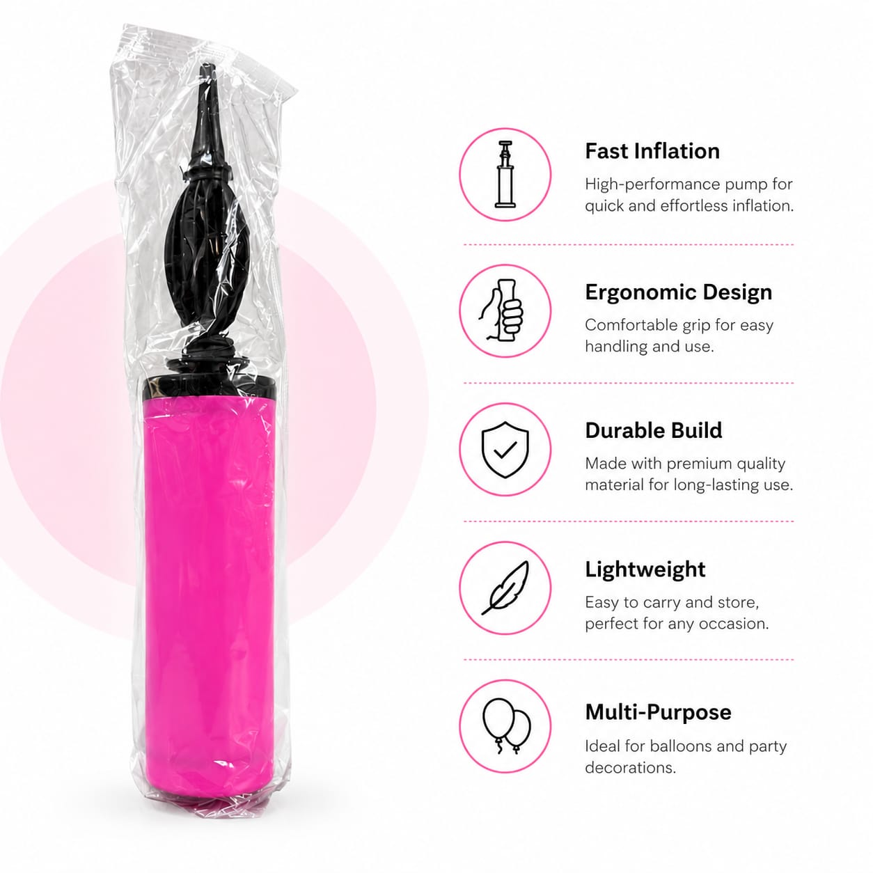 Premium Balloon Hand Pump – Dual Action Air Pump for Latex & Foil Balloons | Portable Balloon Inflator | Pink