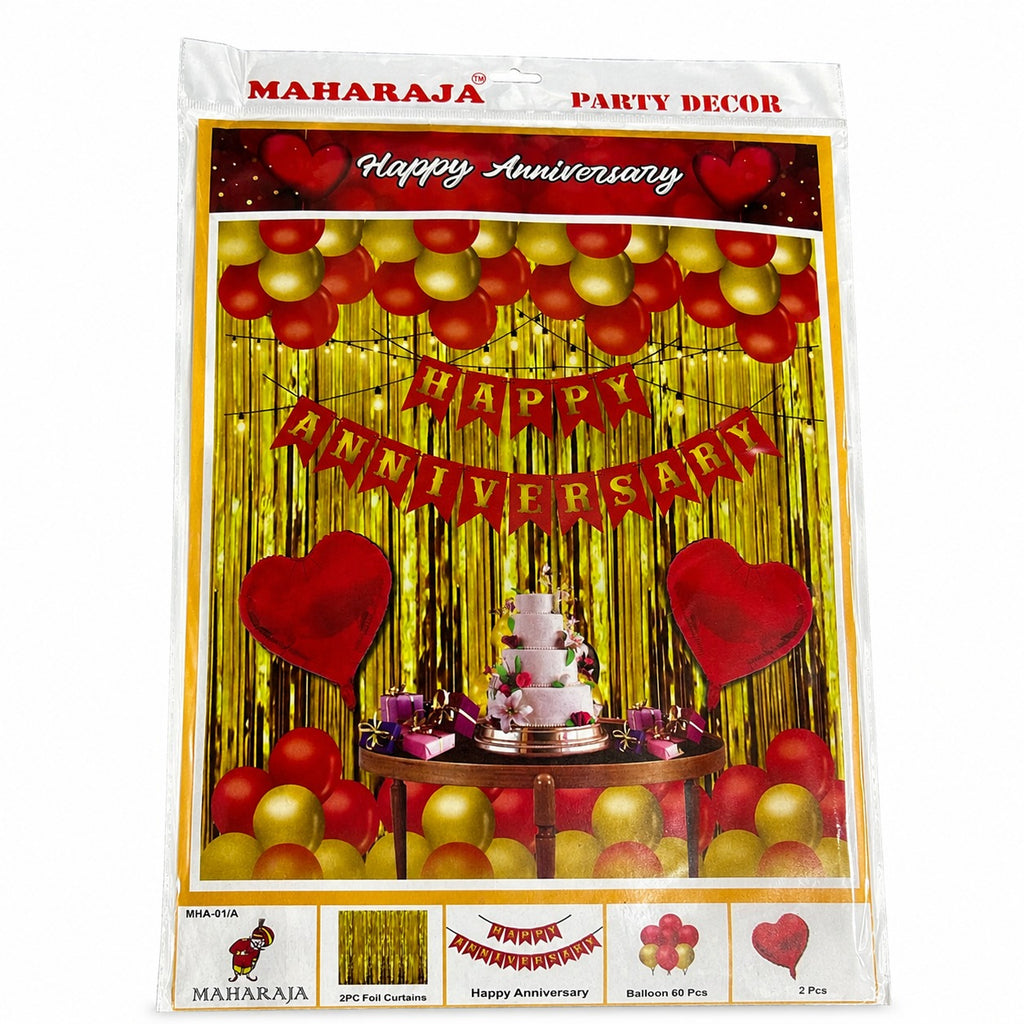 Happy Anniversary Decoration Kit – 60 Balloons, 2 Foil Curtains, Banner & 2 Heart Decorations