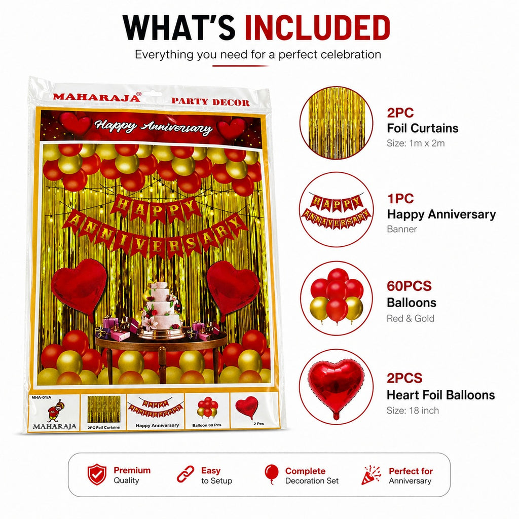 Happy Anniversary Decoration Kit – 60 Balloons, 2 Foil Curtains, Banner & 2 Heart Decorations