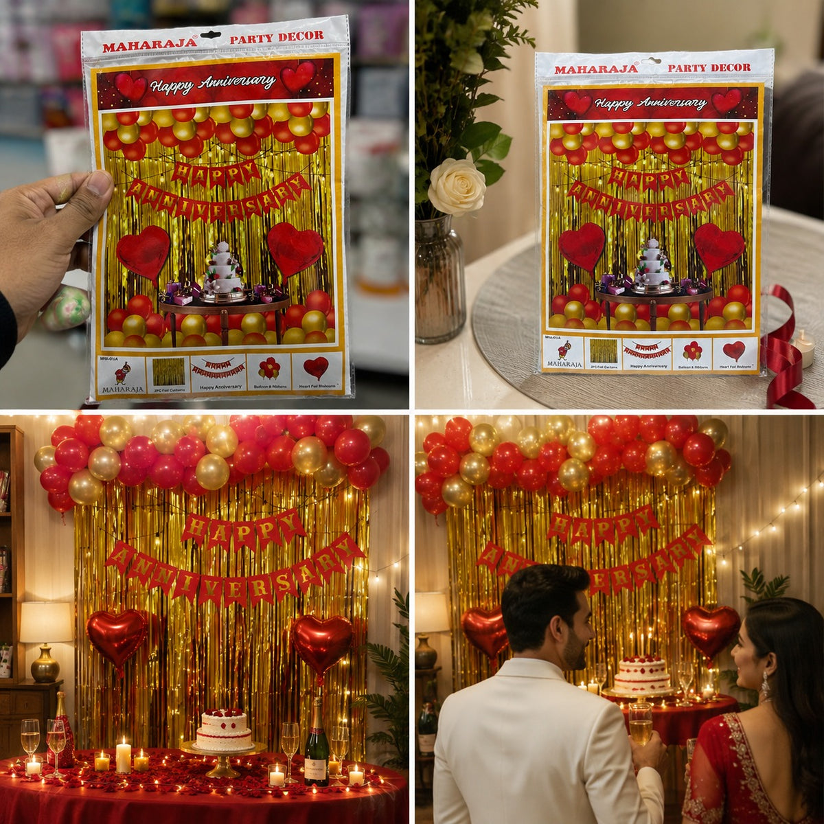 Happy Anniversary Decoration Kit – 60 Balloons, 2 Foil Curtains, Banner & 2 Heart Decorations