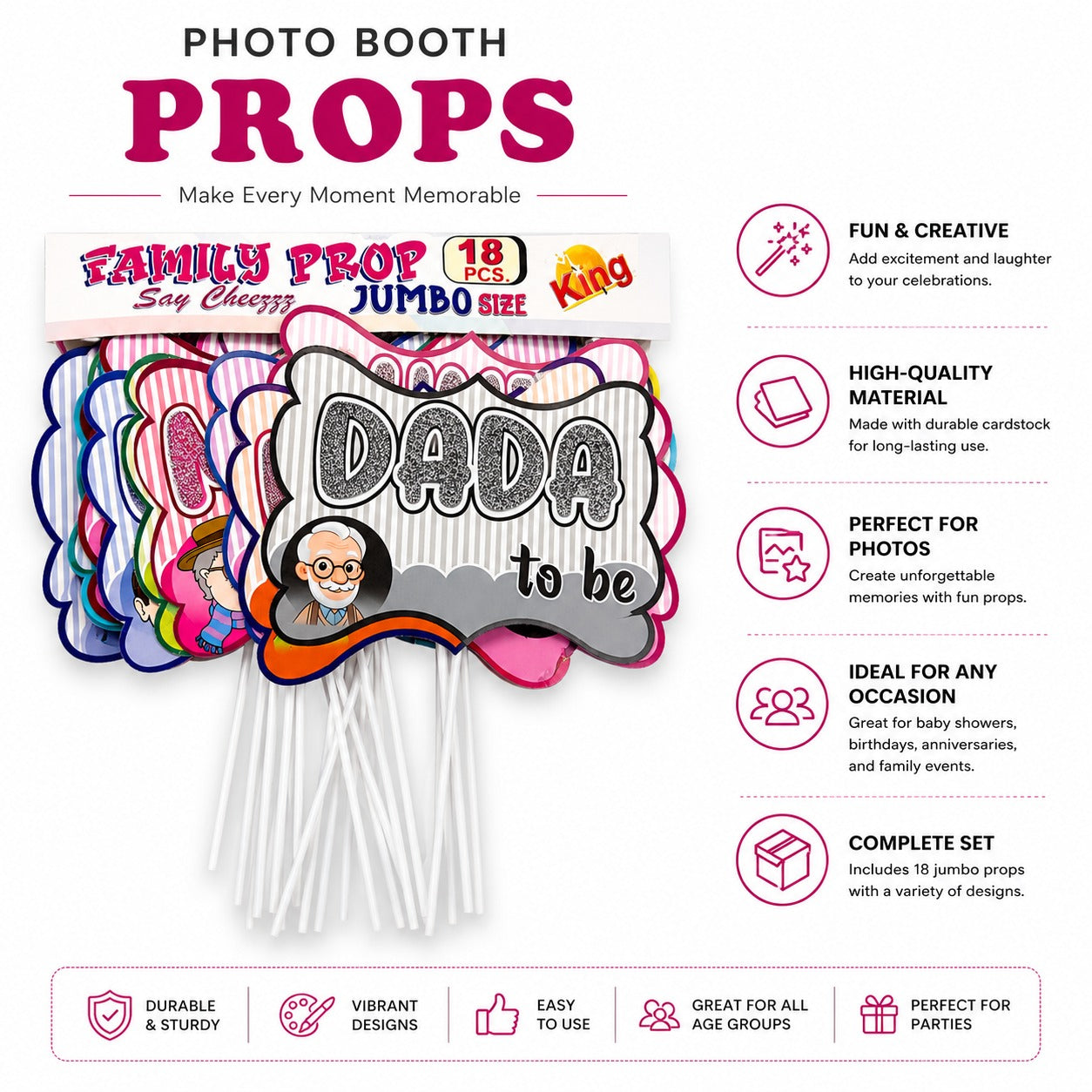 Baby Shower Family Photo Booth Props – 18 Pcs Jumbo Size