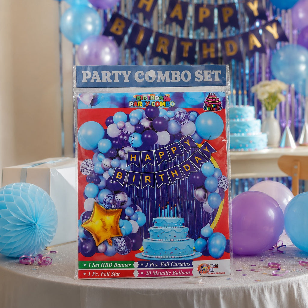 Happy Birthday Party Decoration Combo – 20 Metallic Balloons, 2 Foil Curtains & Star