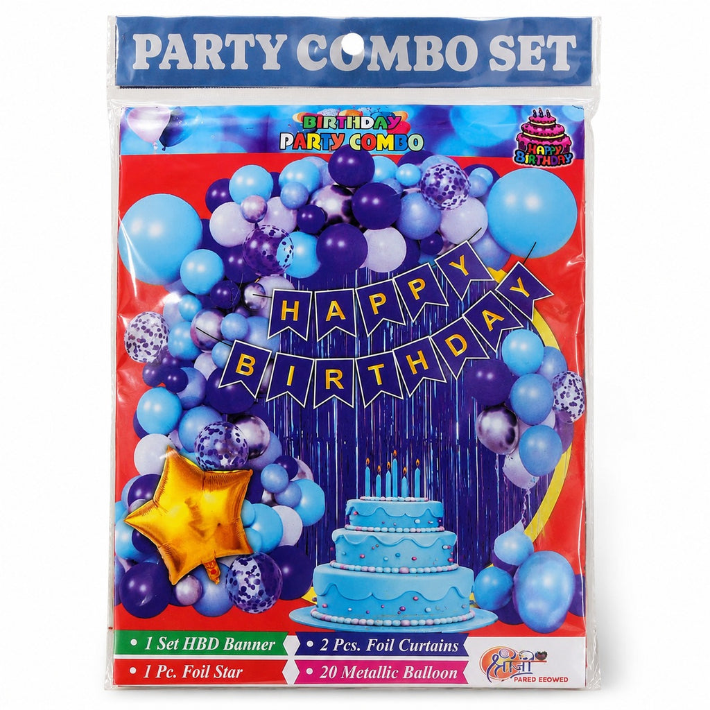 Happy Birthday Party Decoration Combo – 20 Metallic Balloons, 2 Foil Curtains & Star