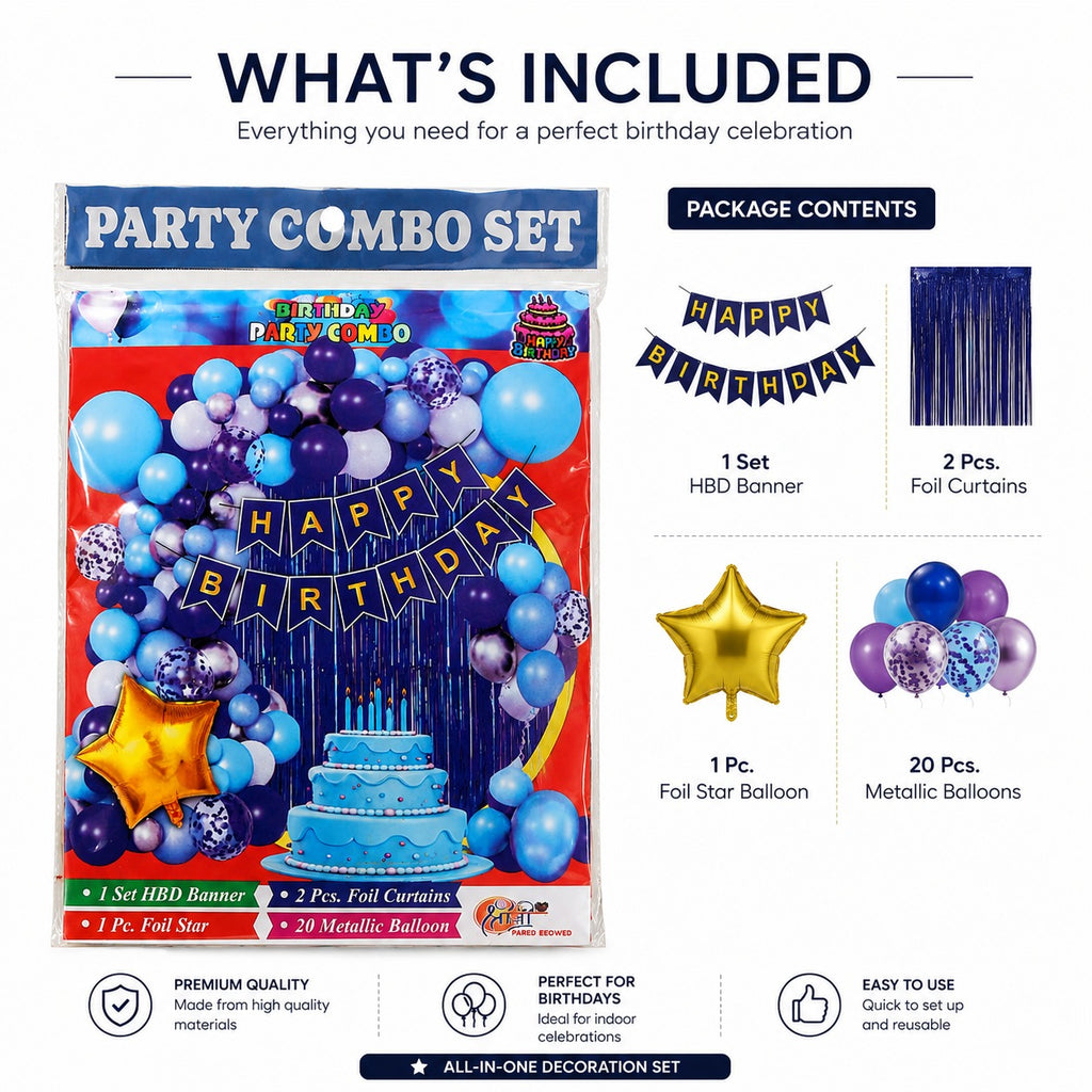 Happy Birthday Party Decoration Combo – 20 Metallic Balloons, 2 Foil Curtains & Star