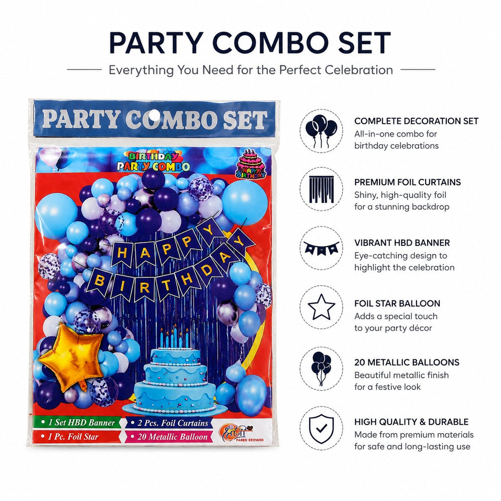 Happy Birthday Party Decoration Combo – 20 Metallic Balloons, 2 Foil Curtains & Star