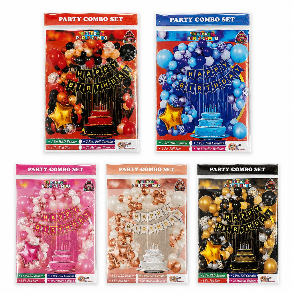 Happy Birthday Party Decoration Combo – 20 Metallic Balloons, 2 Foil Curtains & Star