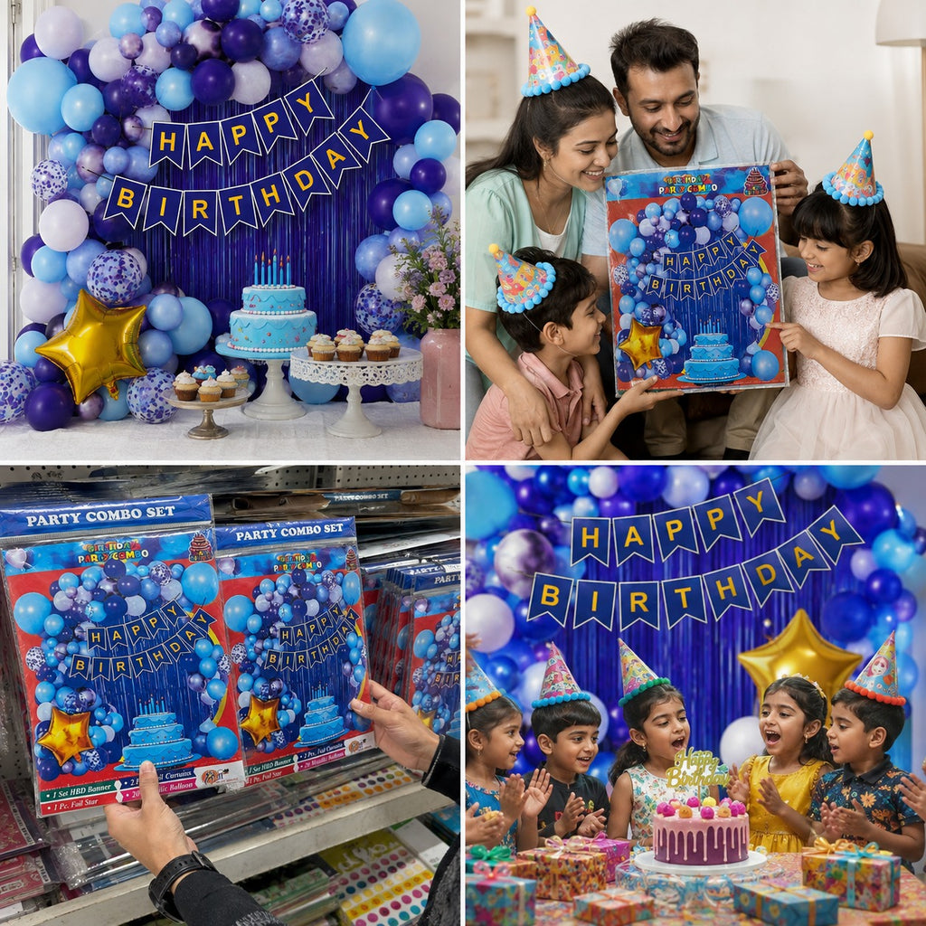 Happy Birthday Party Decoration Combo – 20 Metallic Balloons, 2 Foil Curtains & Star