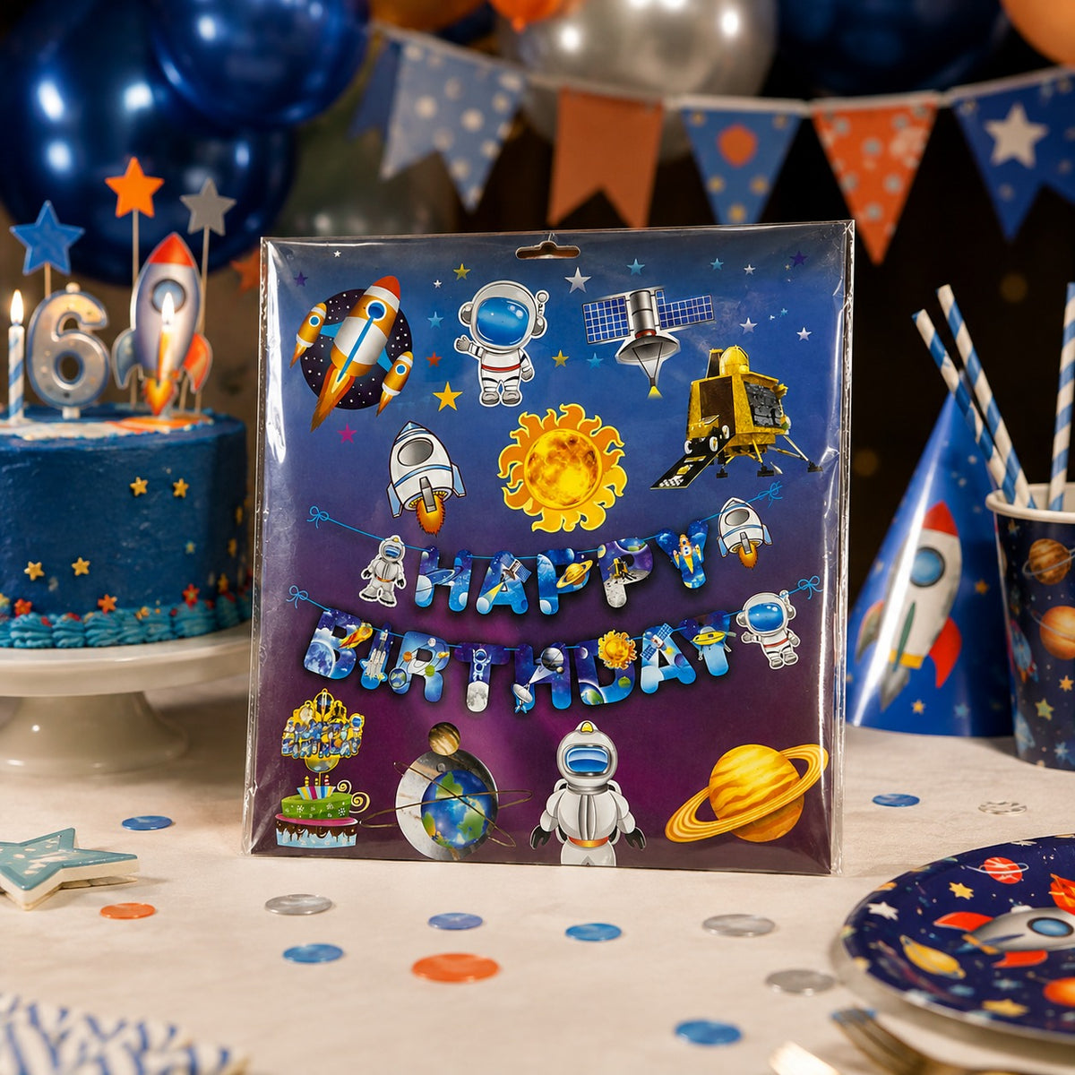Space Theme Happy Birthday Decoration Set – Astronaut, Rocket & Planet Party Decor
