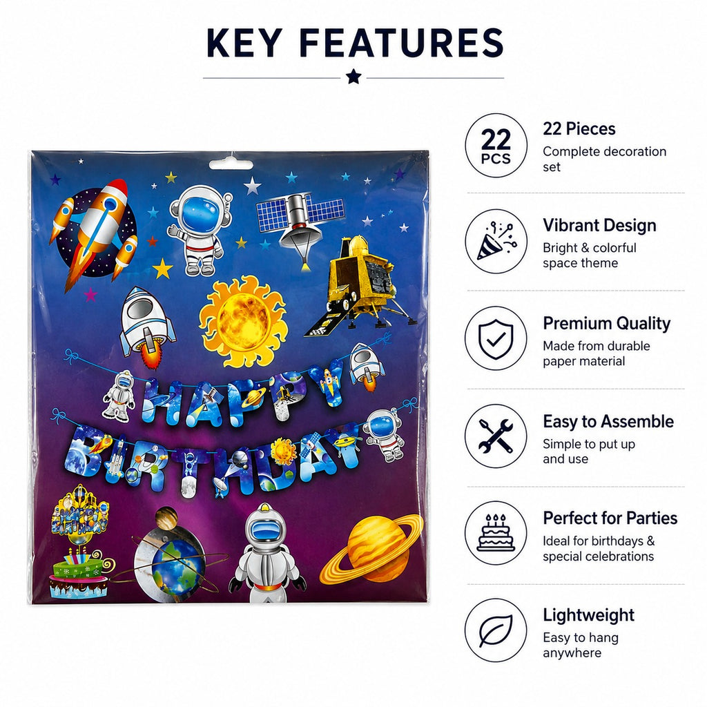 Space Theme Happy Birthday Decoration Set – Astronaut, Rocket & Planet Party Decor