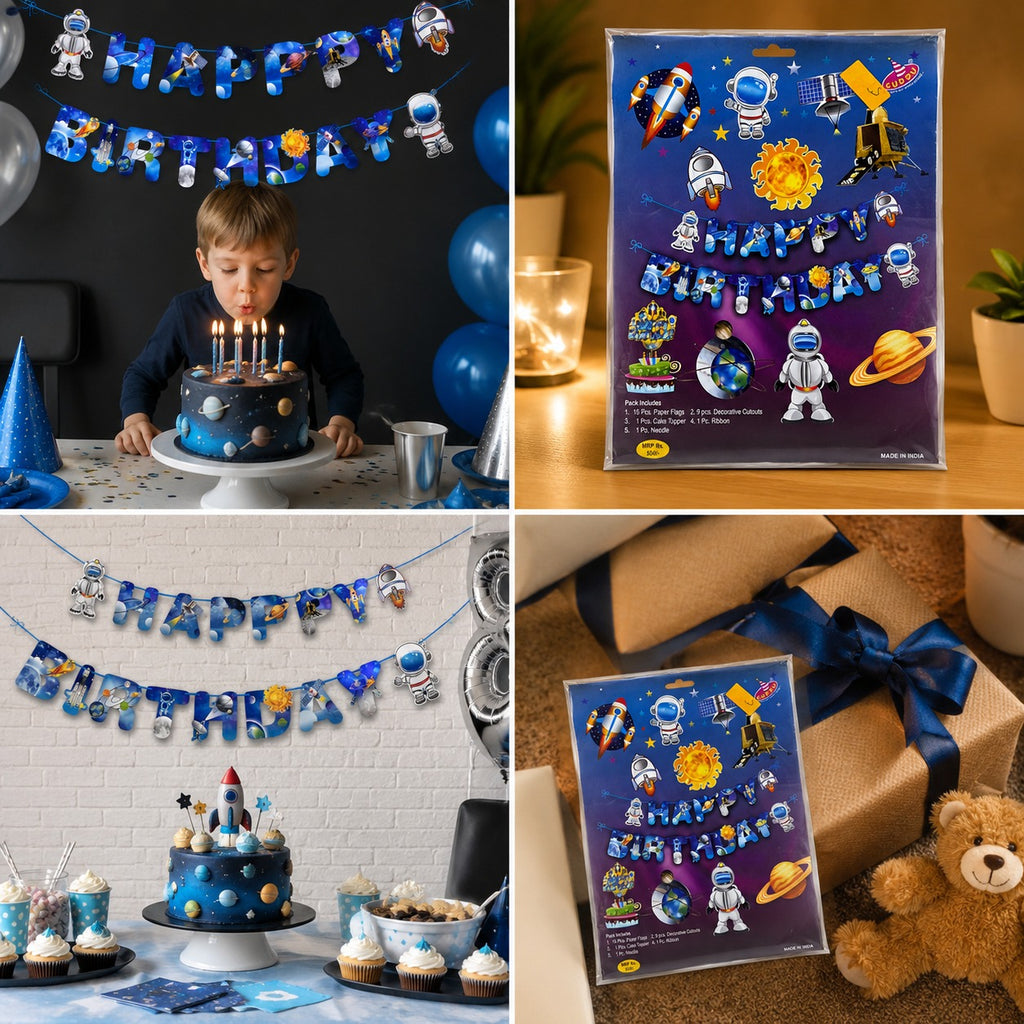 Space Theme Happy Birthday Decoration Set – Astronaut, Rocket & Planet Party Decor
