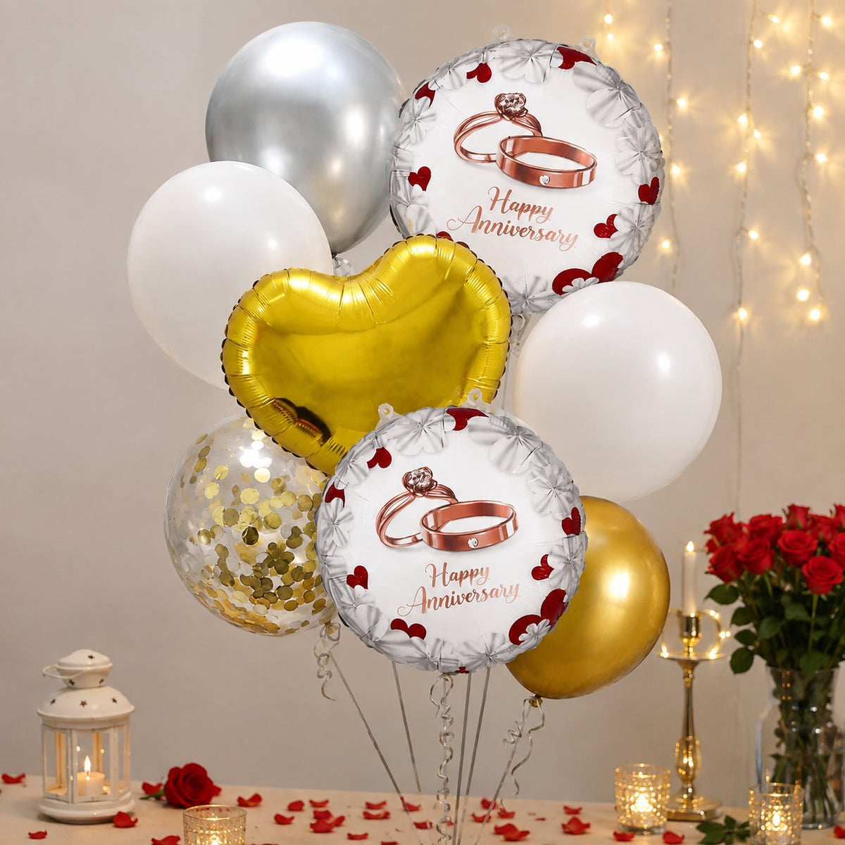Happy Anniversary Balloon Decoration Set – 8 Pcs Gold, White & Silver Balloons