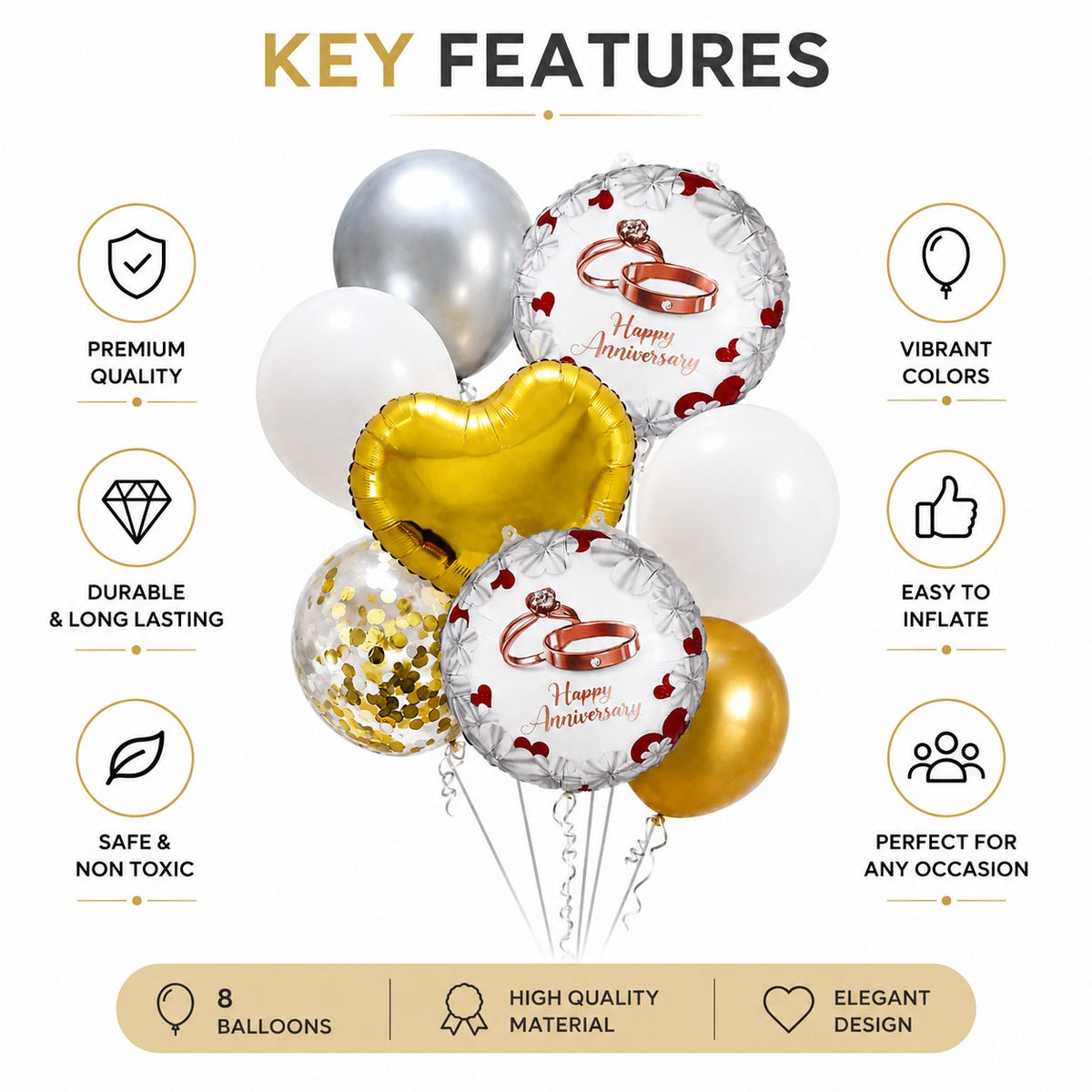 Happy Anniversary Balloon Decoration Set – 8 Pcs Gold, White & Silver Balloons