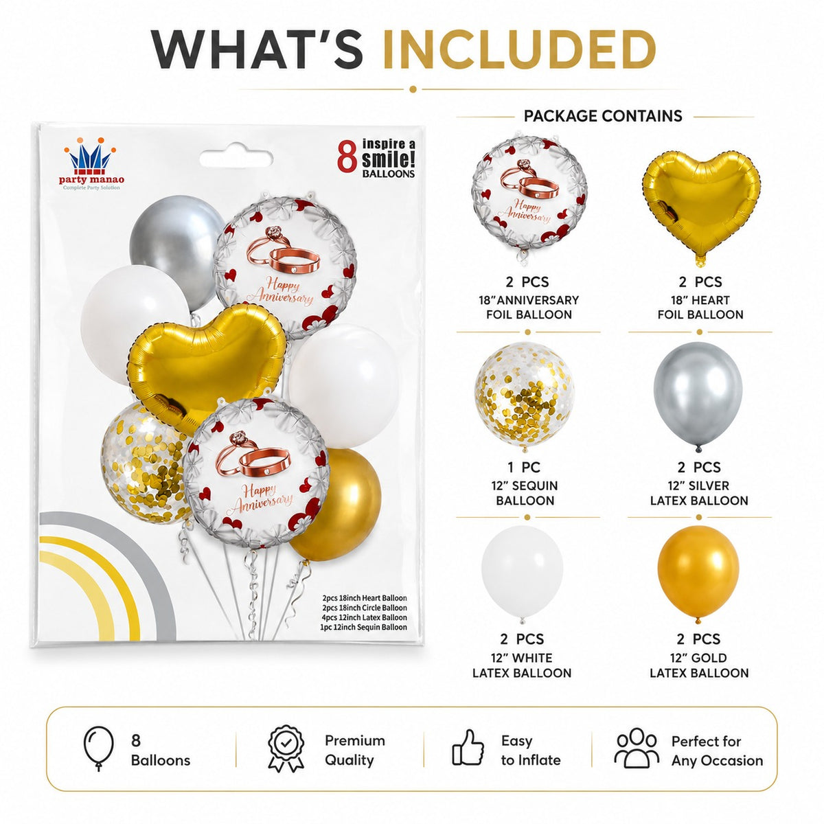 Happy Anniversary Balloon Decoration Set – 8 Pcs Gold, White & Silver Balloons