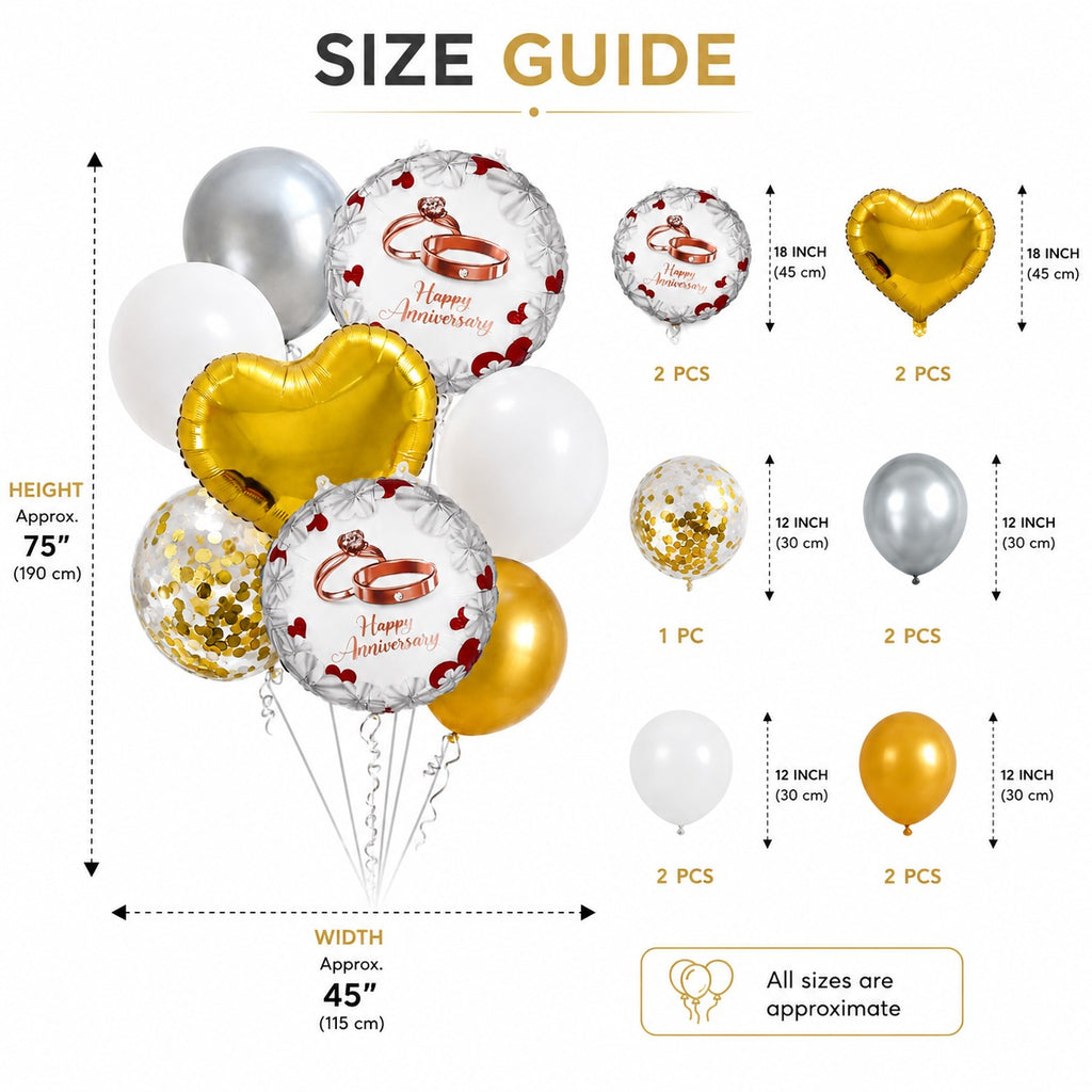 Happy Anniversary Balloon Decoration Set – 8 Pcs Gold, White & Silver Balloons