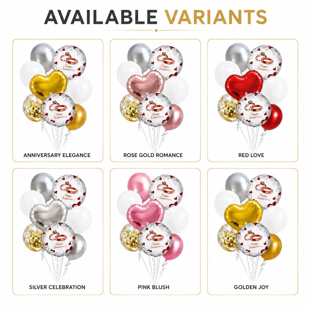 Happy Anniversary Balloon Decoration Set – 8 Pcs Gold, White & Silver Balloons