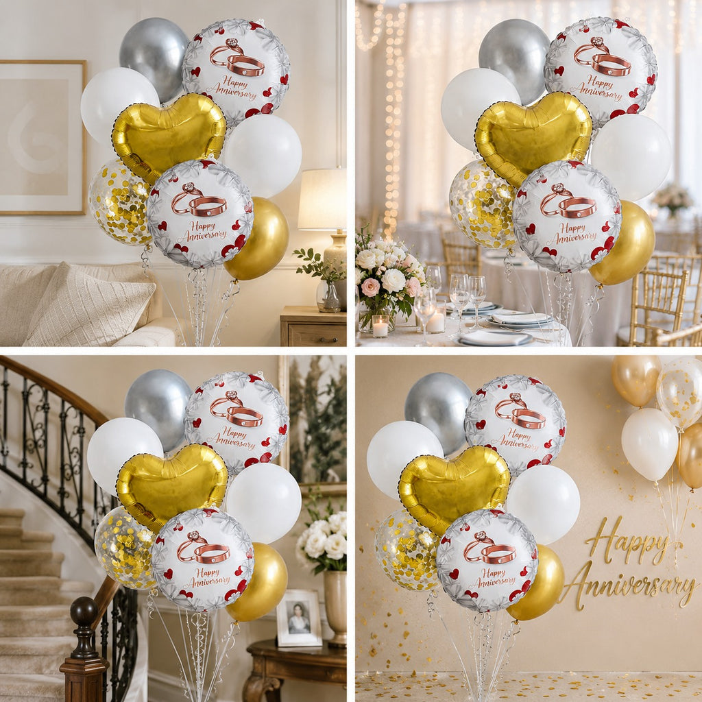 Happy Anniversary Balloon Decoration Set – 8 Pcs Gold, White & Silver Balloons